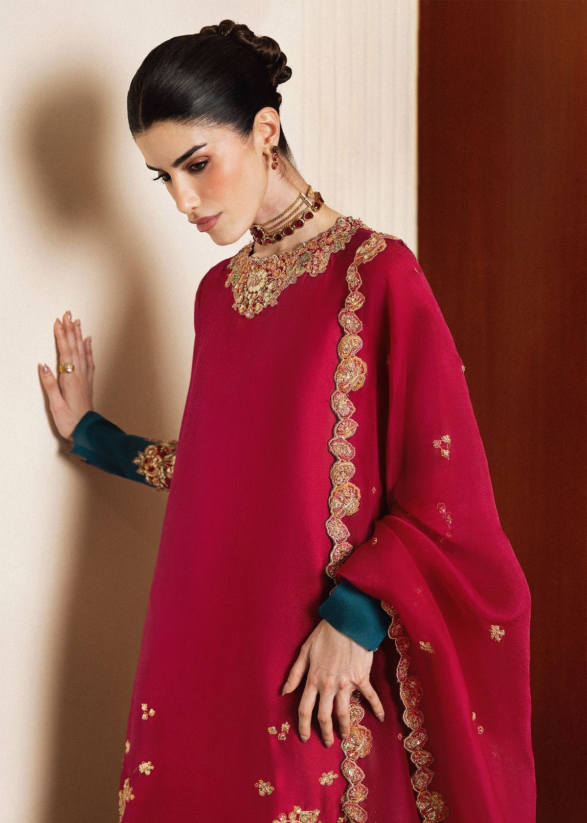 Hussain Rehar Embroidered Organza Party Wear Suit - Embroidered Back & Daman Silhouette Detailing | IQNAZ