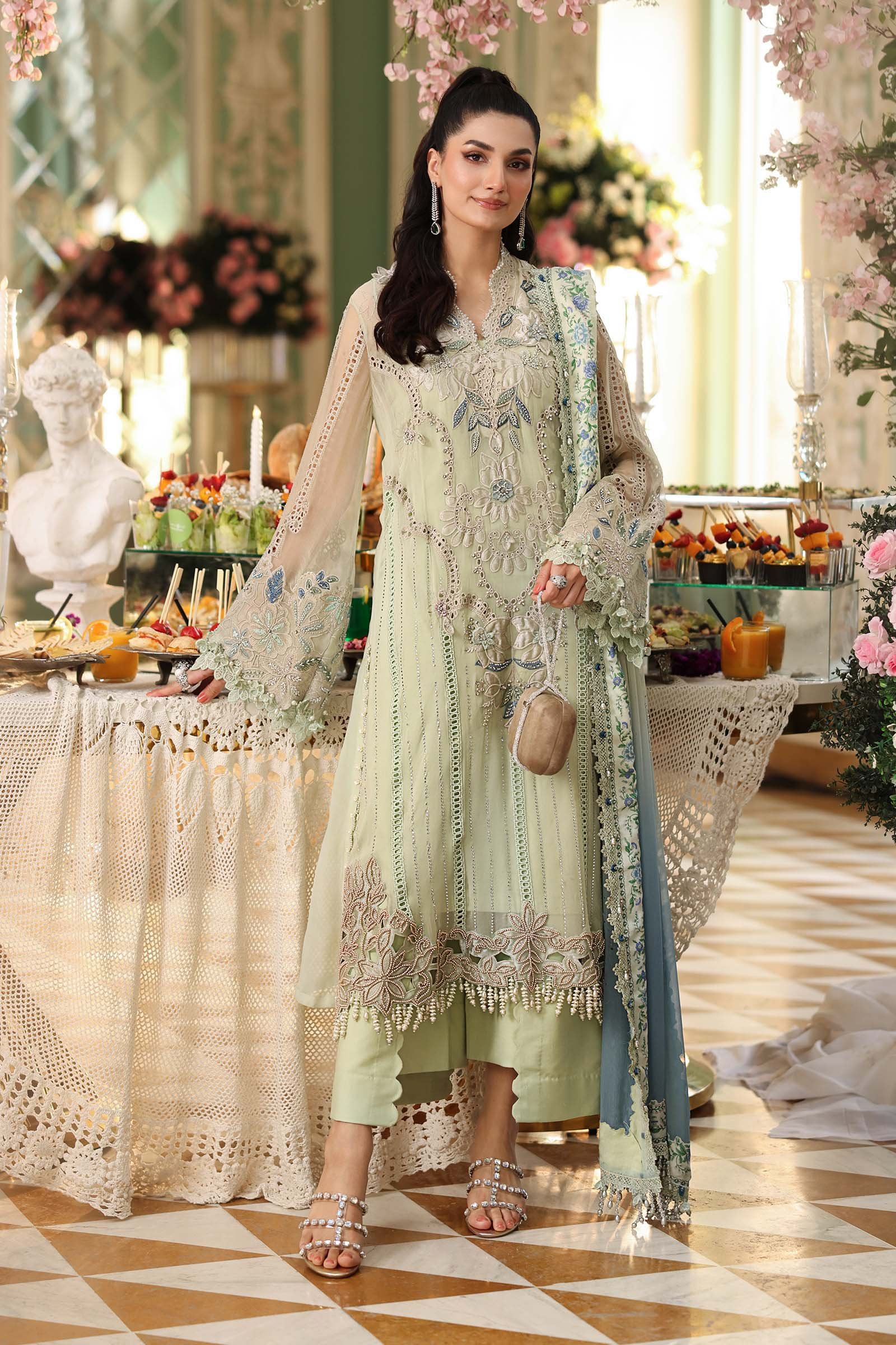 Maria B Embroidered Chiffon Party Wear Suit – Model Front View Maria B Embroidered Chiffon Party Wear Suit - Model Front Look | Pakistani Designer Replica Wholesale | IQNAZ