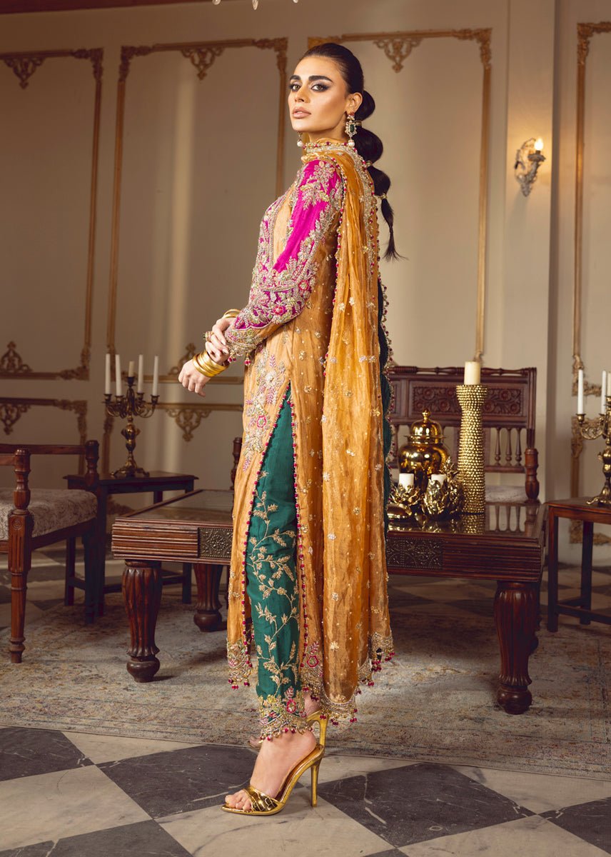 Sara Rohail Asghar Embroidered Silk Party Wear Suit - Embroidered Back & Daman Silhouette Detailing | IQNAZ