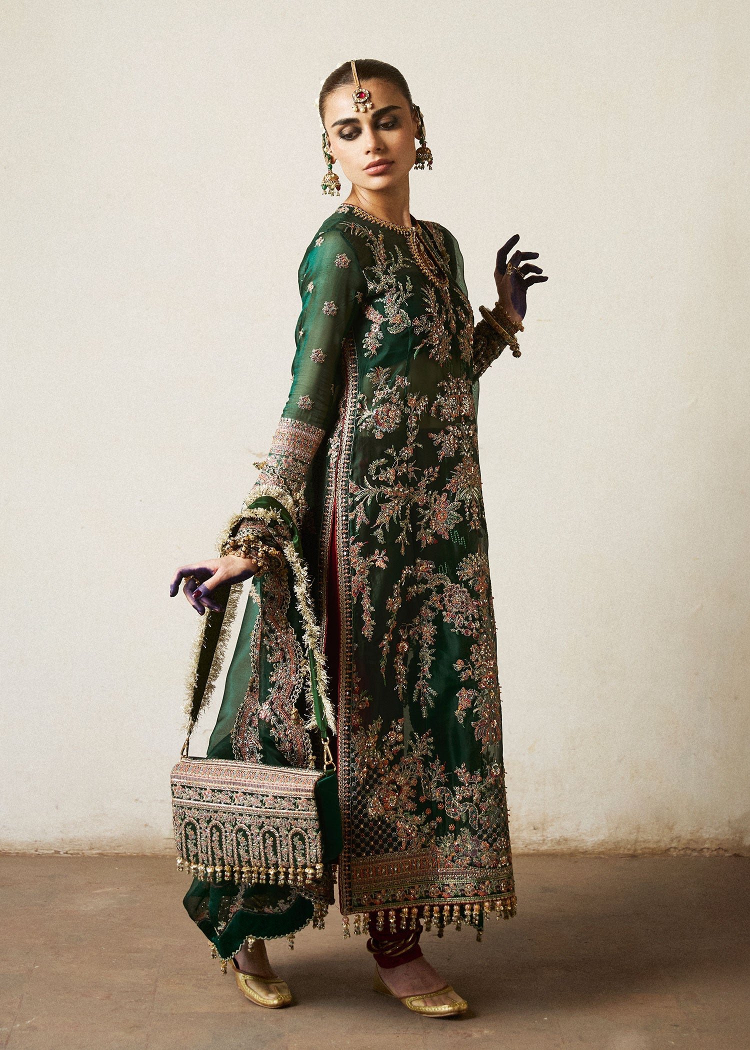 Hussain Rehar Jamali Embroidered Organza Party Wear Suit - Four-Sided Embroidered Dupatta & Pallu Border | IQNAZ