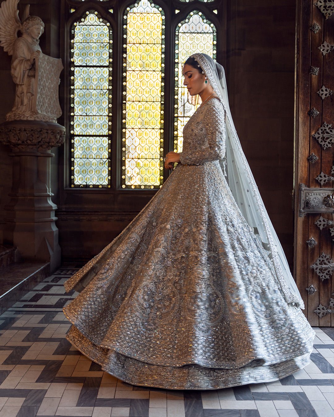 Faiza Saqlain Ayana Hand Embellished Organza Bridal Lehenga - Close-Up Hand Embellishment Tilla & Pearl Work | IQNAZ