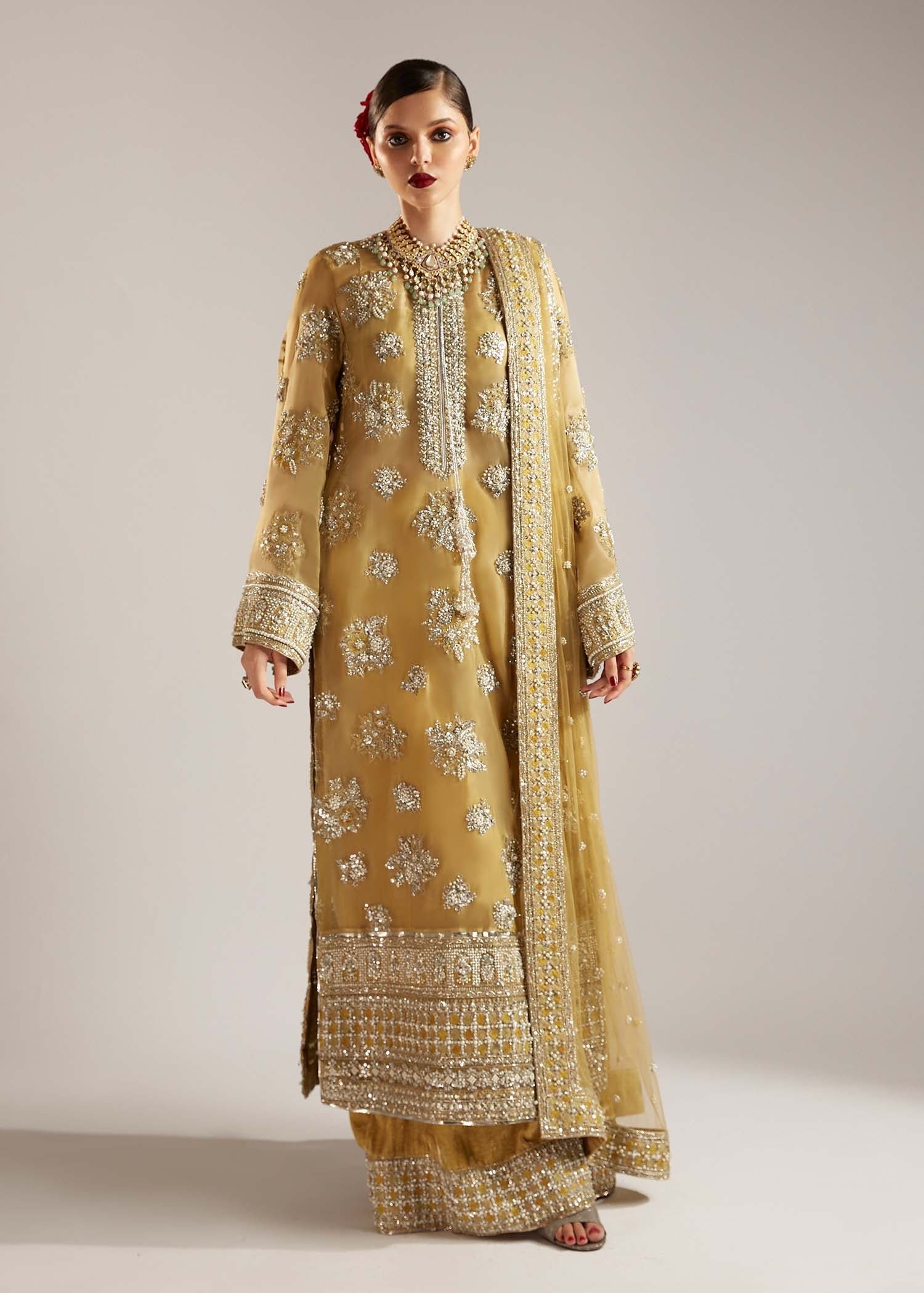 Hussain Rehar Hand Embellished Net Party Wear Suit – Back View & Silhouette Hussain Rehar Hand Embellished Net Party Wear Suit - Embroidered Back & Daman Silhouette Detailing | IQNAZ
