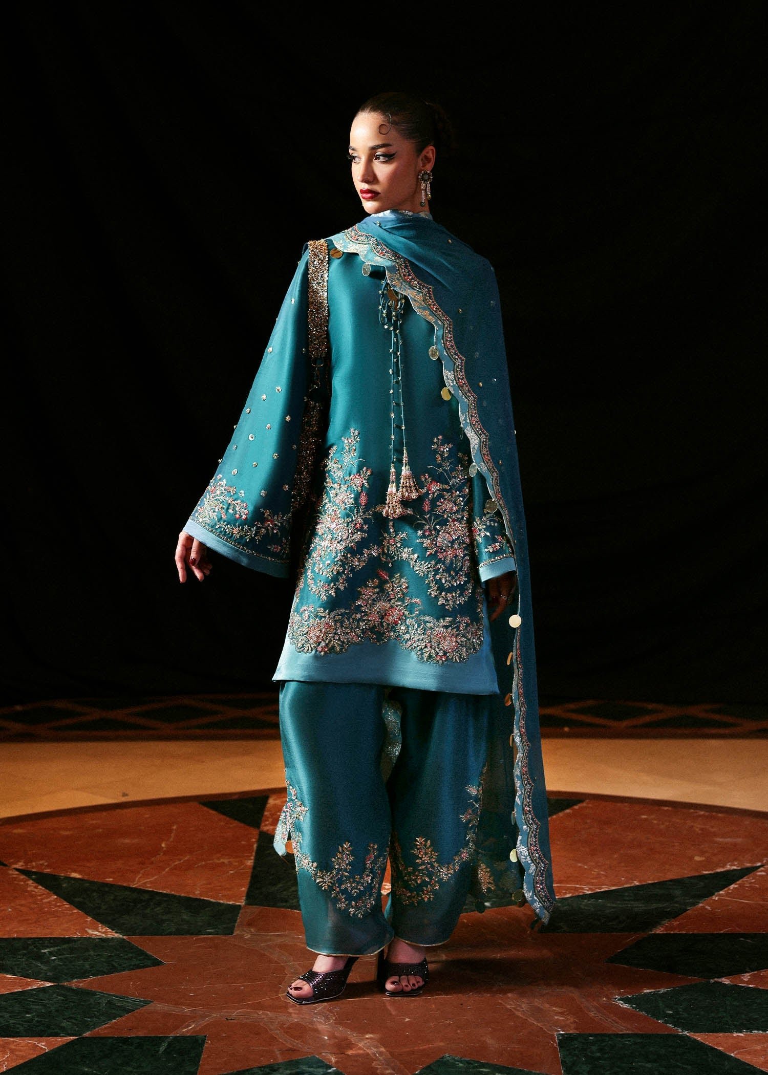 Hussain Rehar Embroidered Organza Party Wear Suit - Model Front Look | Pakistani Designer Replica Wholesale | IQNAZ