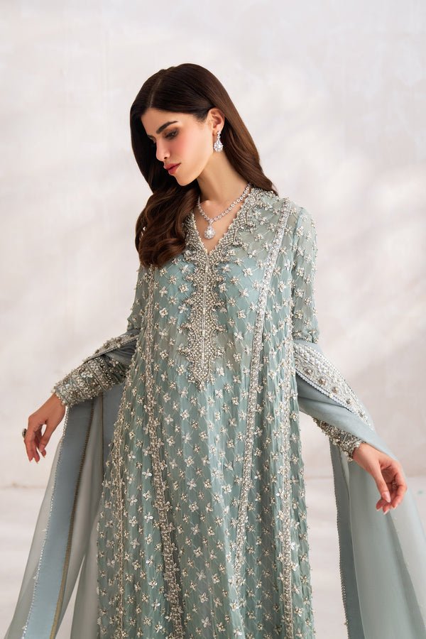 Elan Hand Embellished Organza Party Wear Gharara – Back View & Silhouette Elan Hand Embellished Organza Party Wear Gharara - Embroidered Back & Daman Silhouette Detailing | IQNAZ