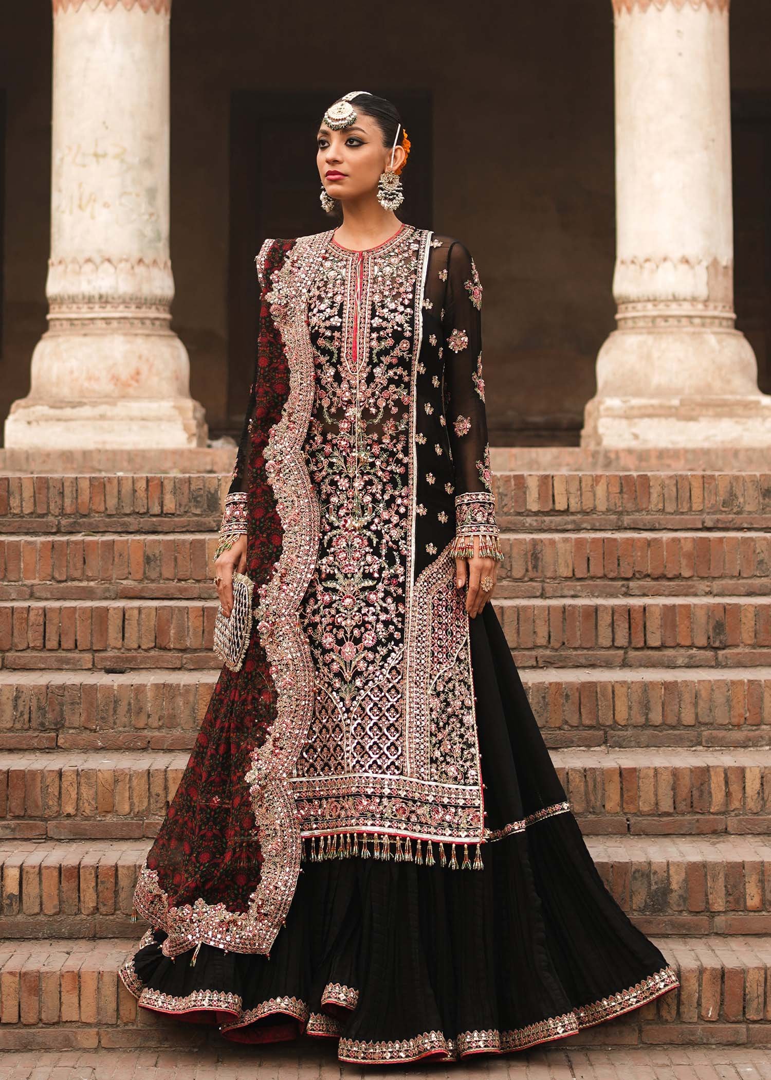 Hussain Rehar Embroidered Chiffon Party Wear Suit - Model Front Look | Pakistani Designer Replica Wholesale | IQNAZ