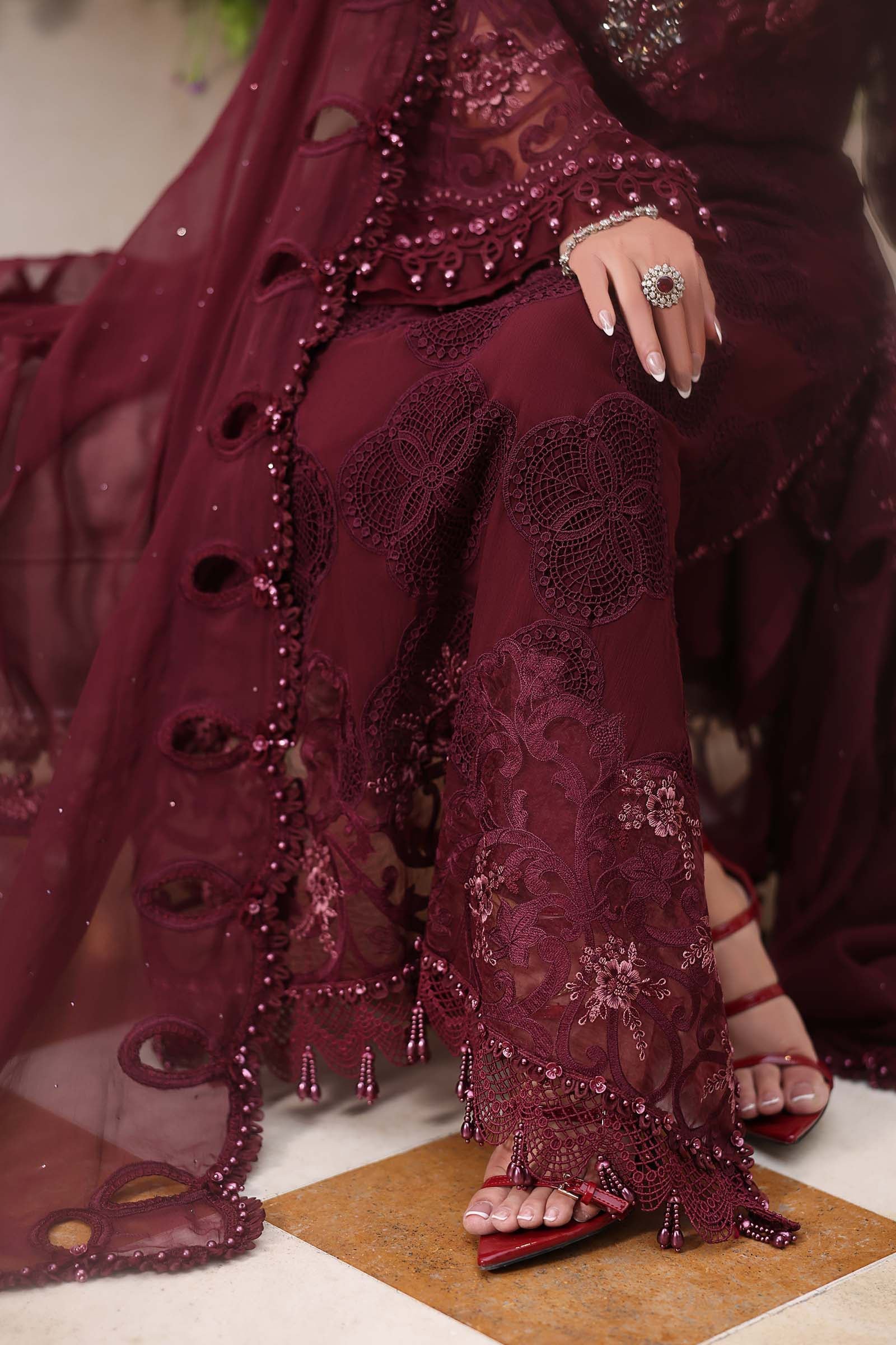 Maria B Embroidered Chiffon Party Wear Suit - Matching Bottom & Trouser Fabric Details | IQNAZ