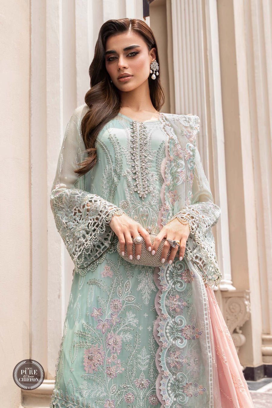 Maria B Mpc Mint Embroidered Chiffon Party Wear Suit - Embroidered Back & Daman Silhouette Detailing | IQNAZ
