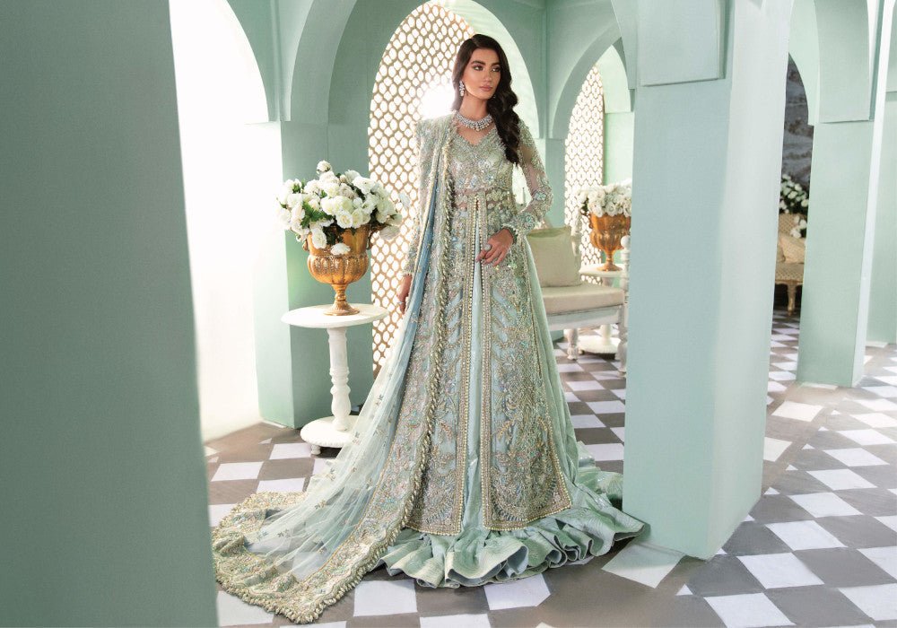 Republic Womens Wear B-13 Hand Embellished Raw Silk Bridal Lehenga - Model Front Look | Pakistani Designer Replica Wholesale | IQNAZ