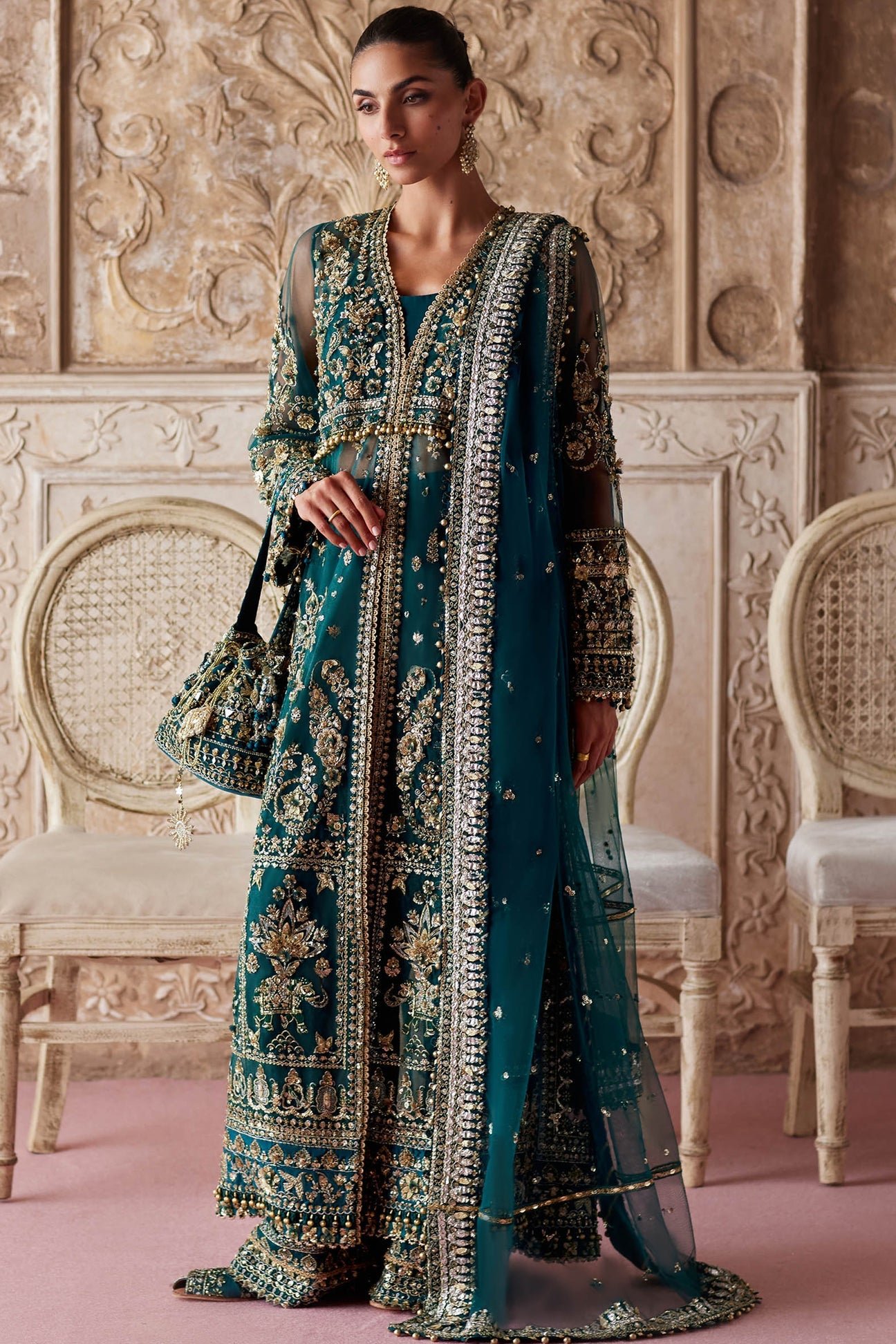 Zaha Aylin Hand Embellished Net Formal Frock - Model Front Look | Pakistani Designer Replica Wholesale | IQNAZ