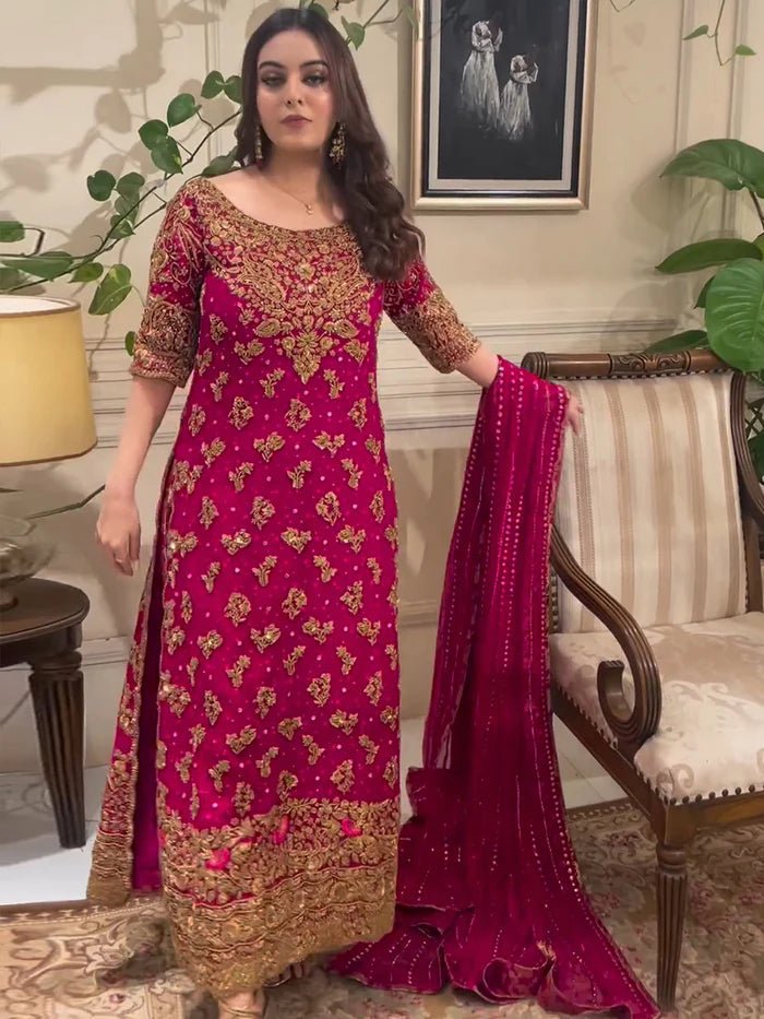 Haris Shakeel Hand Embellished Chiffon Party Wear Suit - Embroidered Back & Daman Silhouette Detailing | IQNAZ
