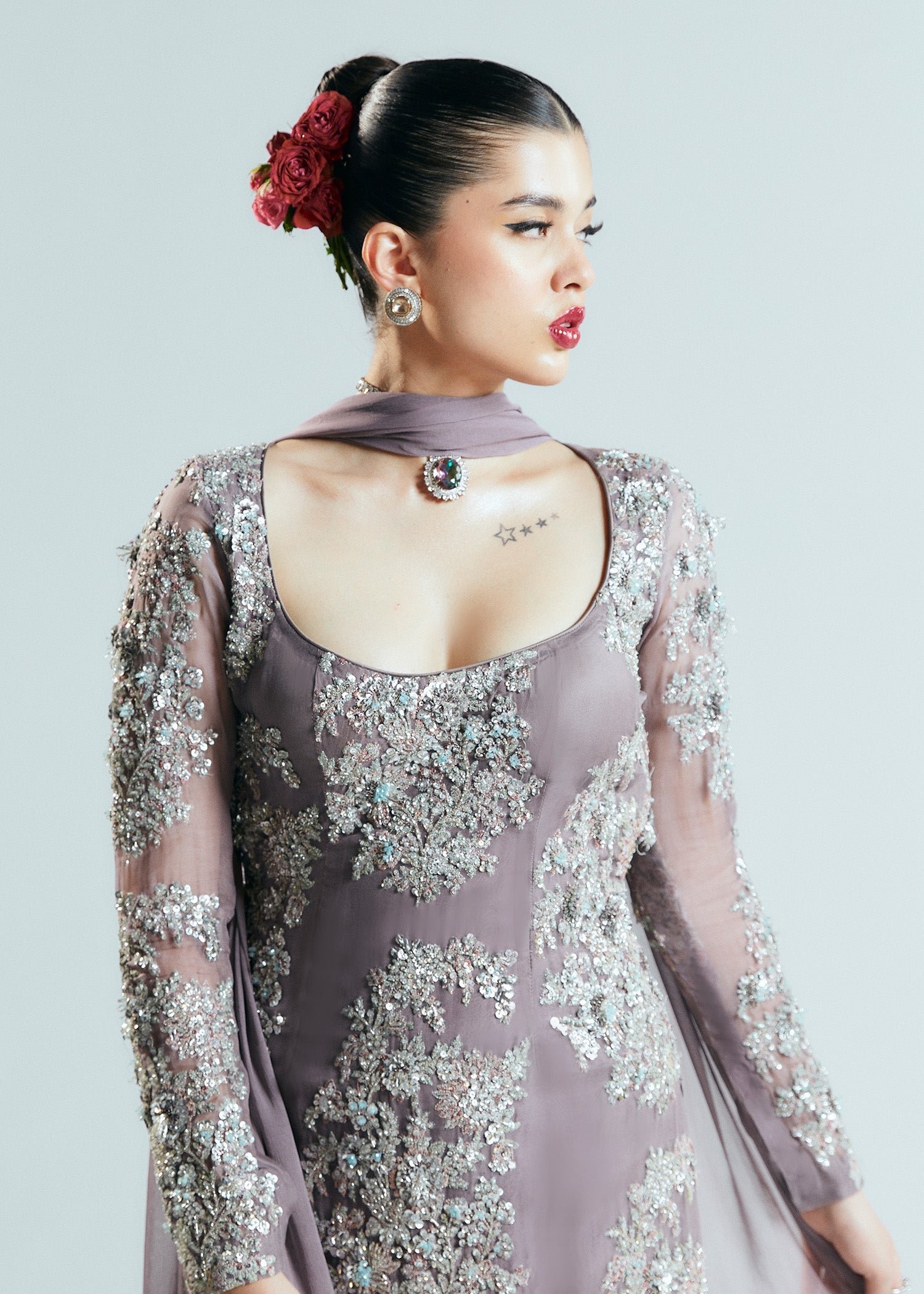 Hussain Rehar Mystic Embroidered Organza Party Wear Suit – Back View & Silhouette Hussain Rehar Mystic Embroidered Organza Party Wear Suit - Embroidered Back & Daman Silhouette Detailing | IQNAZ