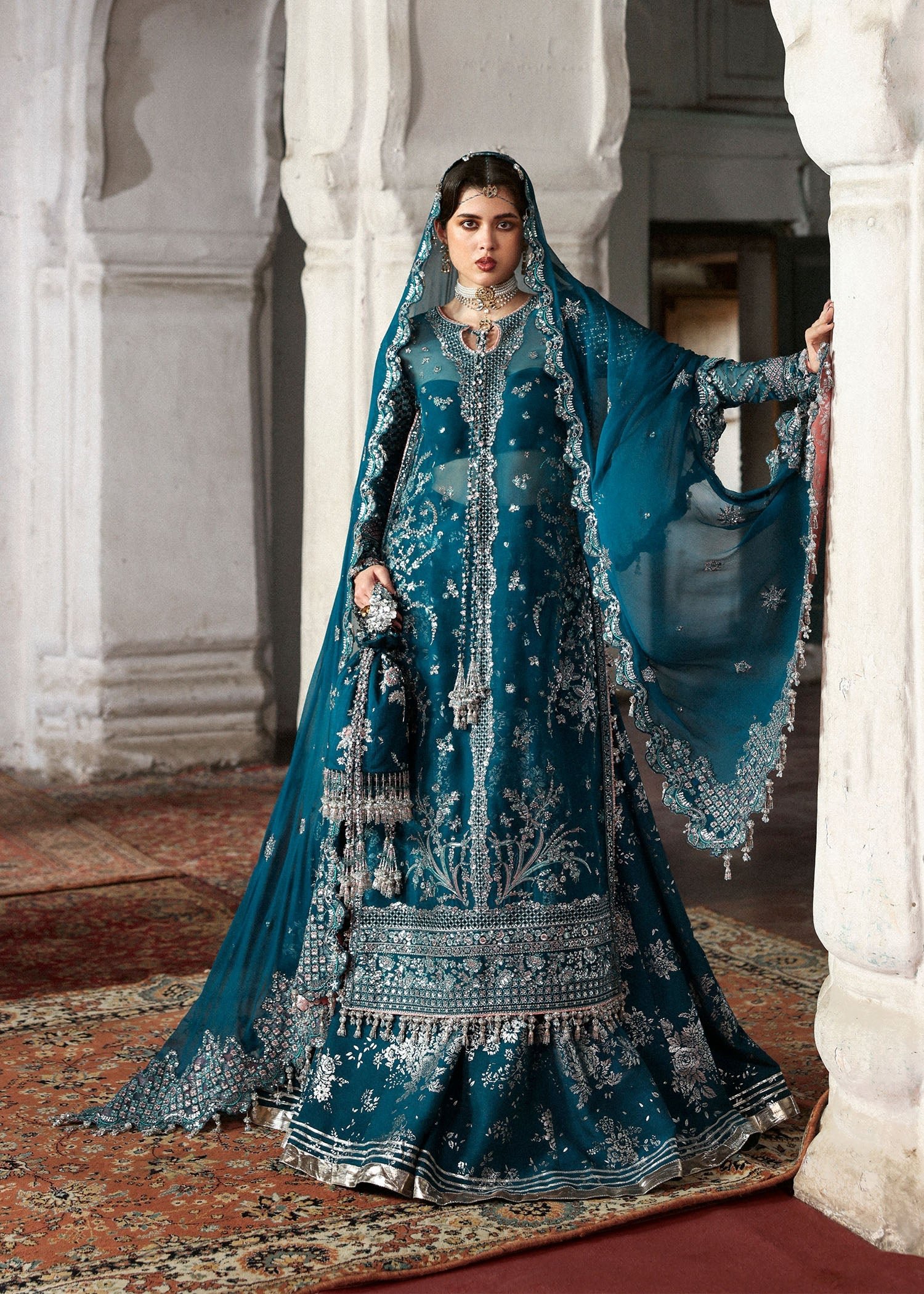 Hussain Rehar Embroidered Organza Party Wear Suit – Model Front View Hussain Rehar Embroidered Organza Party Wear Suit - Model Front Look | Pakistani Designer Replica Wholesale | IQNAZ