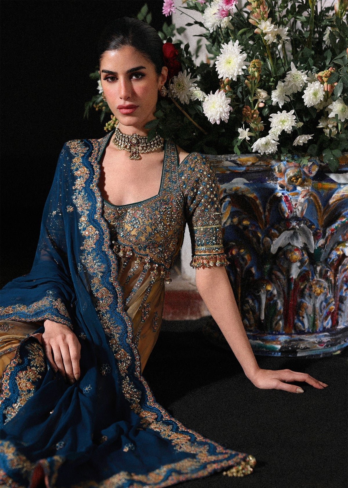 Hussain Rehar Hand Embellished Chiffon Party Wear Suit - Close-Up Hand Embellishment Tilla & Pearl Work | IQNAZ