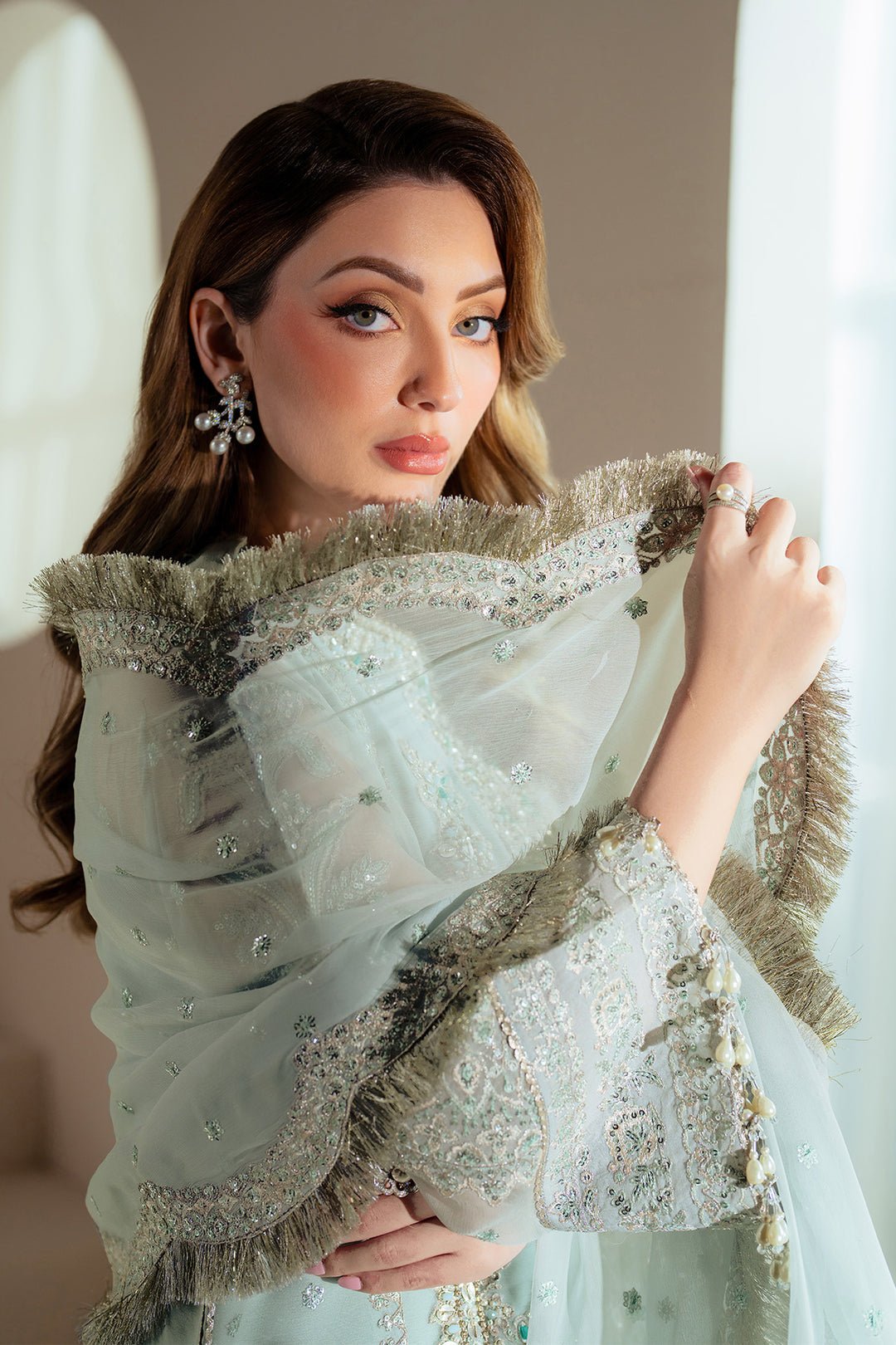 Alizeh Orla Embroidered Chiffon Party Wear Suit - Matching Bottom & Trouser Fabric Details | IQNAZ