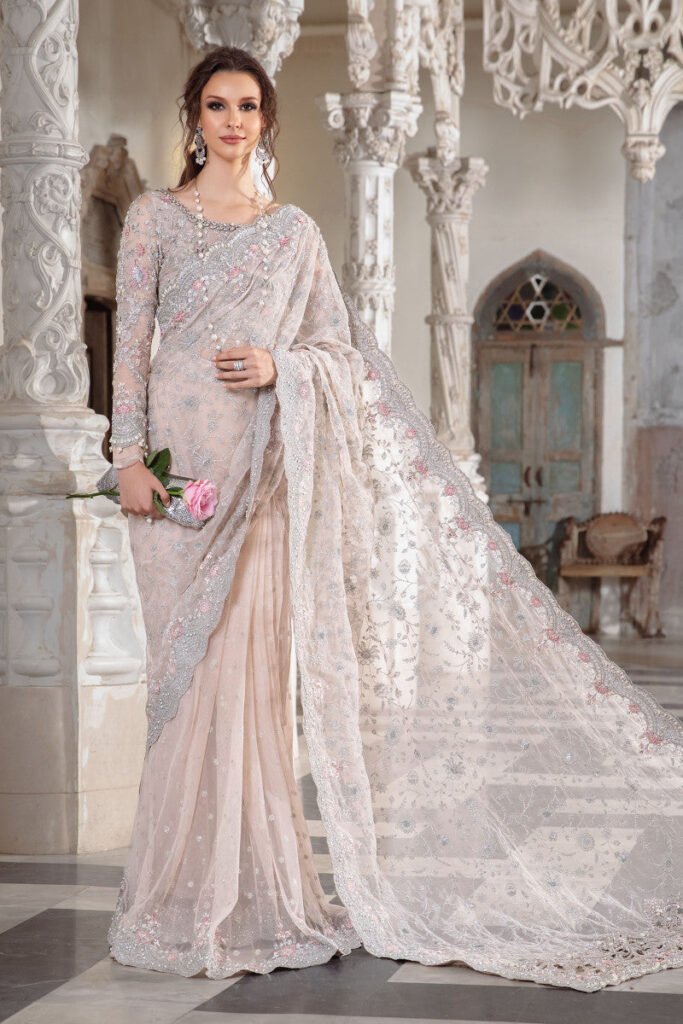 Maria B Embroidered Silk Party Wear Suit - Model Front Look | Pakistani Designer Replica Wholesale | IQNAZ
