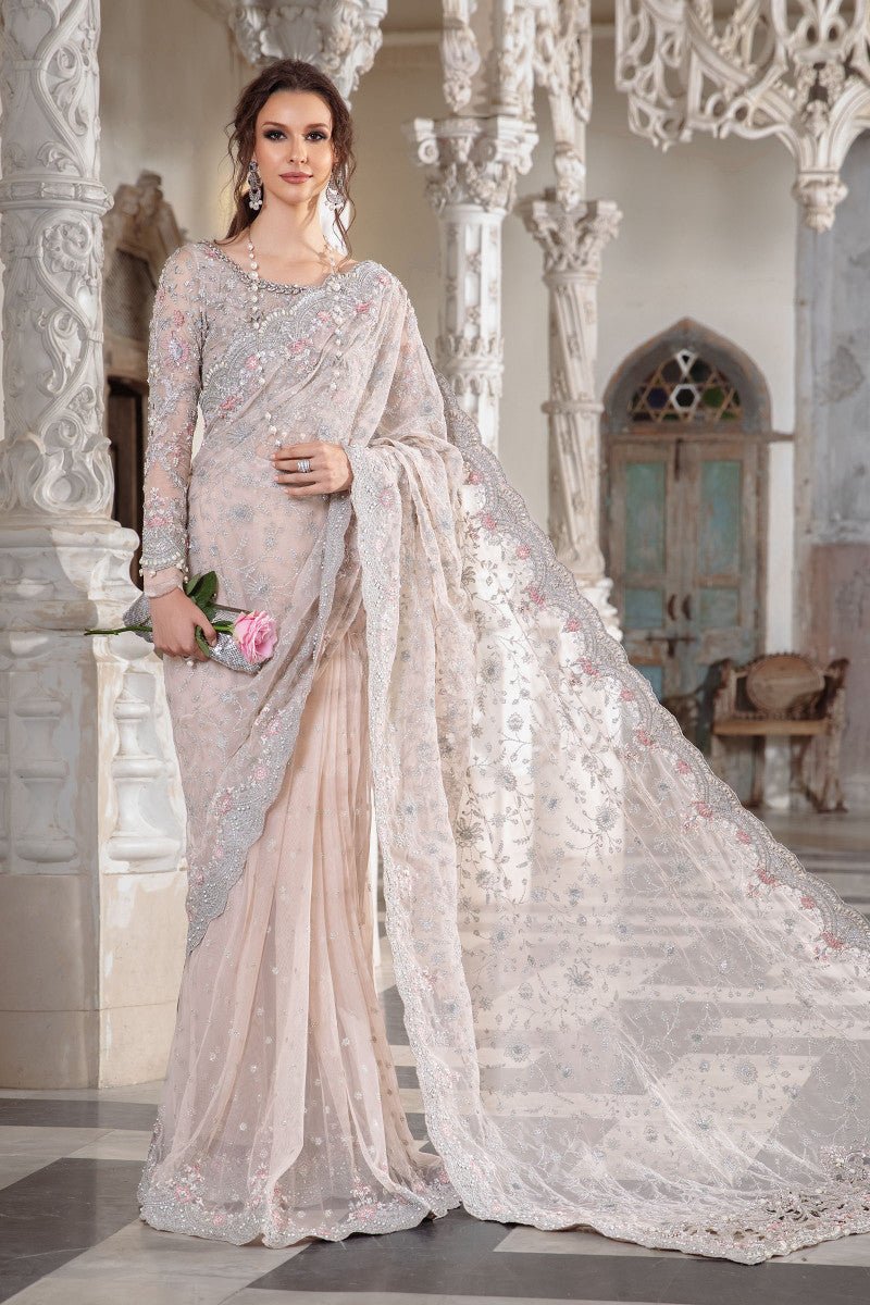 Maria B Embroidered Silk Party Wear Suit – Model Front View Maria B Embroidered Silk Party Wear Suit - Model Front Look | Pakistani Designer Replica Wholesale | IQNAZ