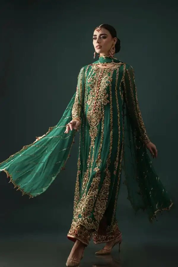 Nomi Ansari Emerald Hues Hand Embellished Chiffon Bridal Saree – Back View & Silhouette Nomi Ansari Emerald Hues Hand Embellished Chiffon Bridal Saree - Embroidered Back & Daman Silhouette Detailing | IQNAZ