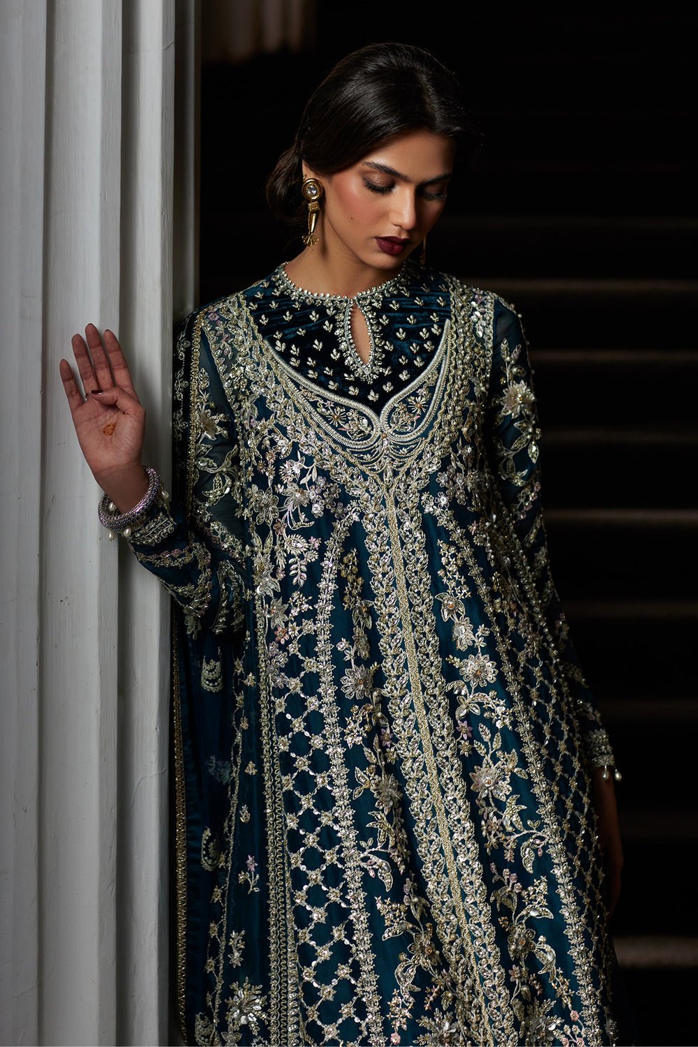 Saad Bin Shahzad Embroidered Net Party Wear Suit - Close-Up Hand Embellishment Tilla & Pearl Work | IQNAZ