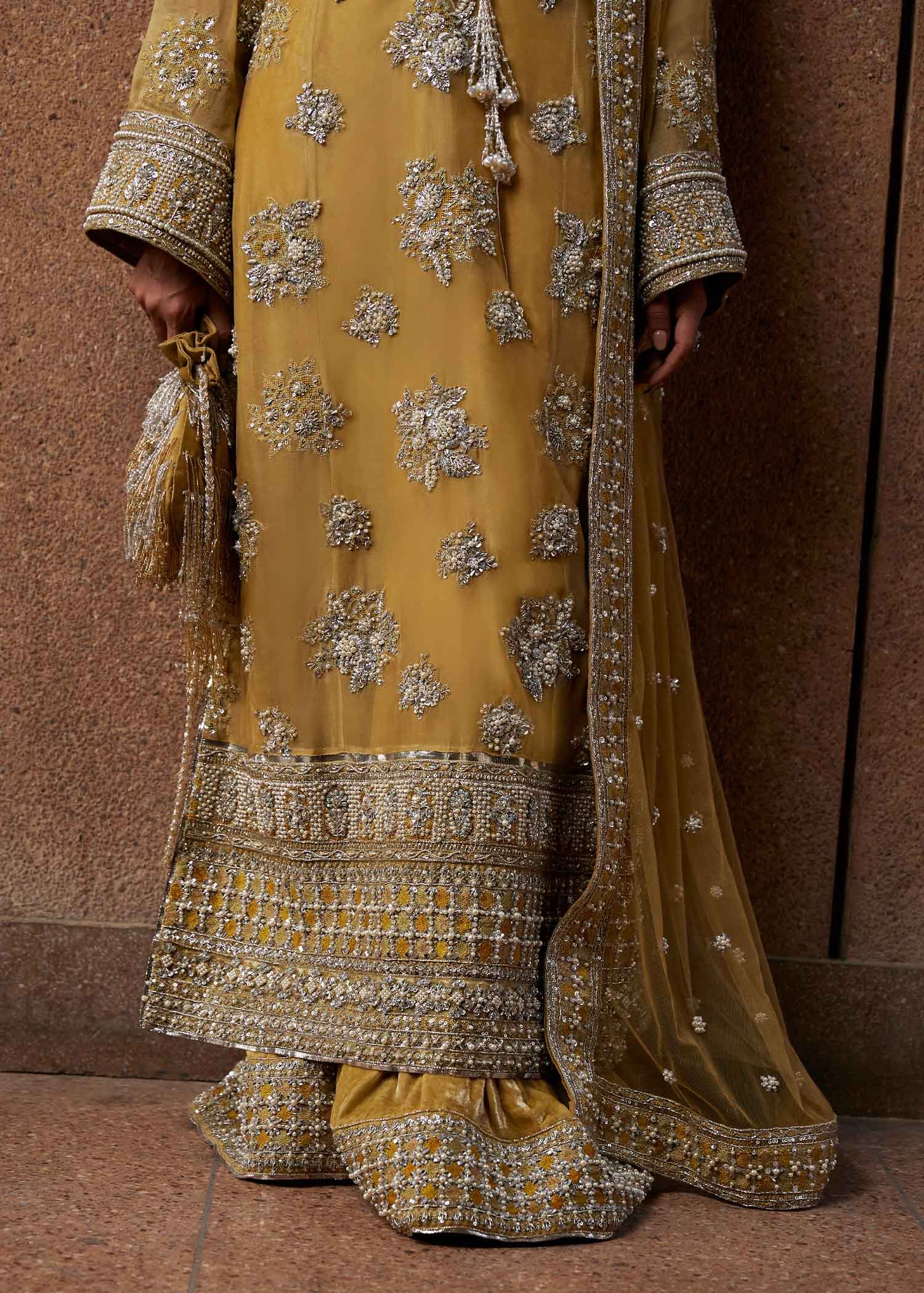 Hussain Rehar Hand Embellished Net Party Wear Suit – Embroidery & Handwork Detail Hussain Rehar Hand Embellished Net Party Wear Suit - Close-Up Hand Embellishment Tilla & Pearl Work | IQNAZ