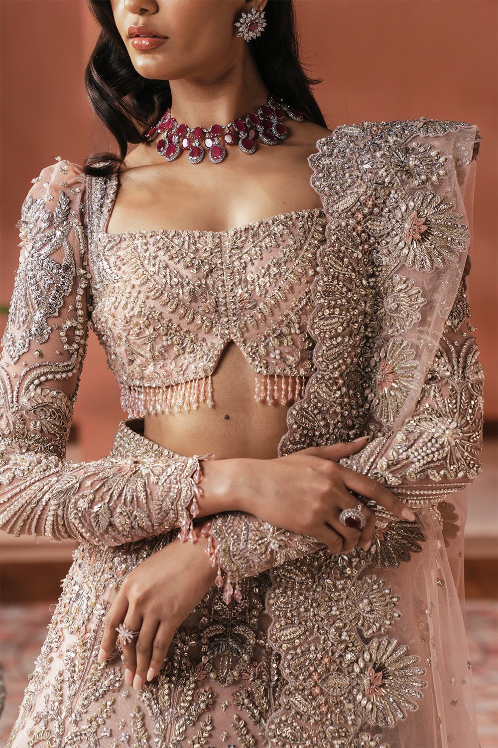 Soraya Catherine Hand Embellished Net Bridal Lehenga - Embroidered Back & Daman Silhouette Detailing | IQNAZ