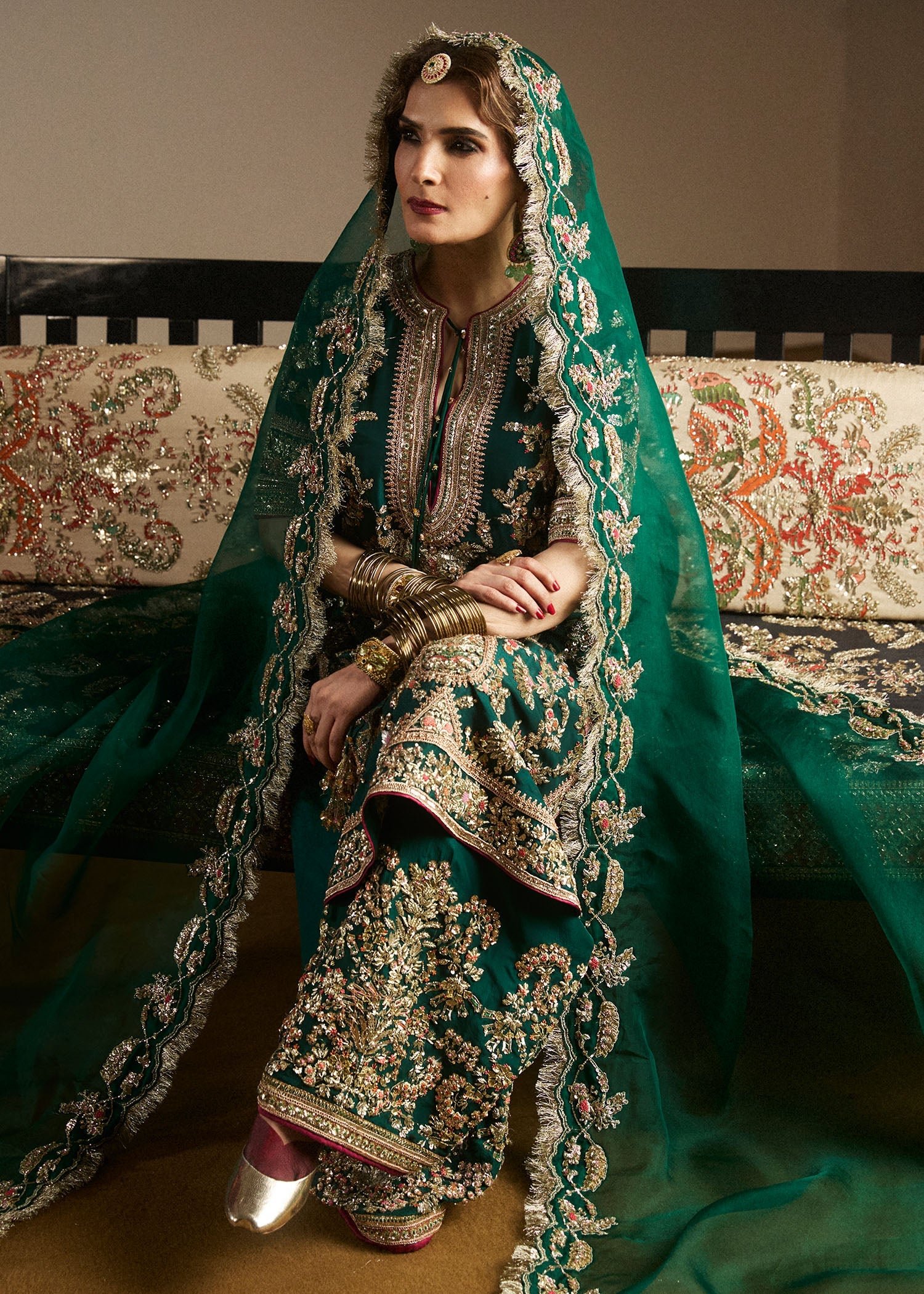 Hussain Rehar Mayle Embroidered Organza Party Wear Suit - Close-Up Hand Embellishment Tilla & Pearl Work | IQNAZ