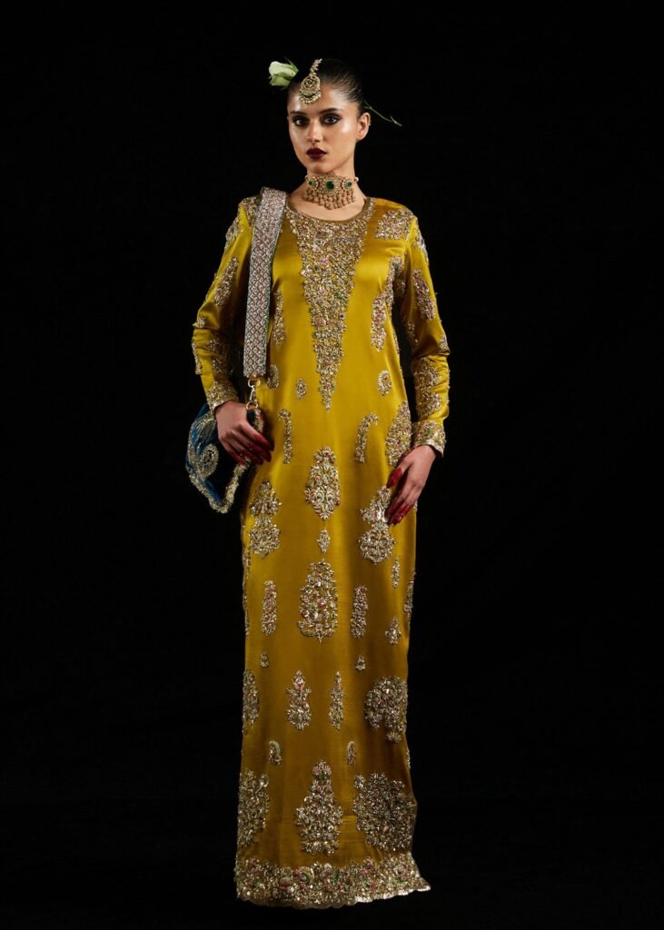 Hussain Rehar Sandali Embroidered Silk Party Wear Suit - Model Front Look | Pakistani Designer Replica Wholesale | IQNAZ