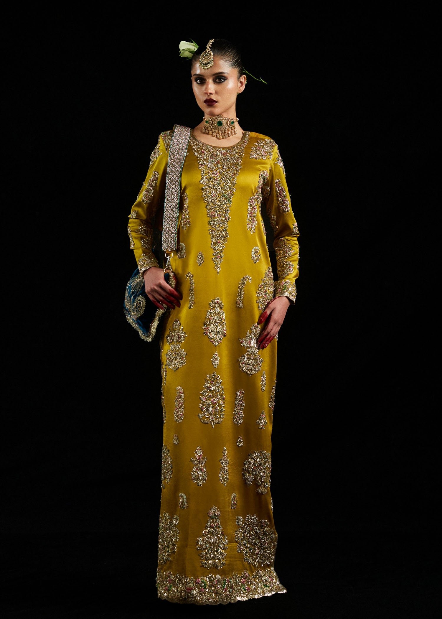 Hussain Rehar Sandali Embroidered Silk Party Wear Suit - Model Front Look | Pakistani Designer Replica Wholesale | IQNAZ
