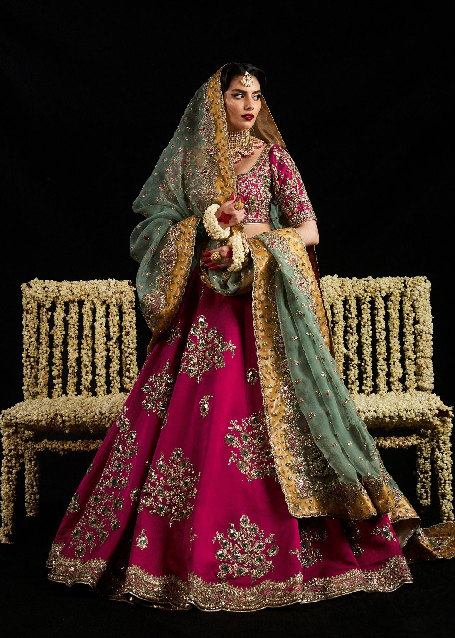 Hussain Rehar Laal Hand Embellished Organza Party Wear Suit - Model Front Look | Pakistani Designer Replica Wholesale | IQNAZ