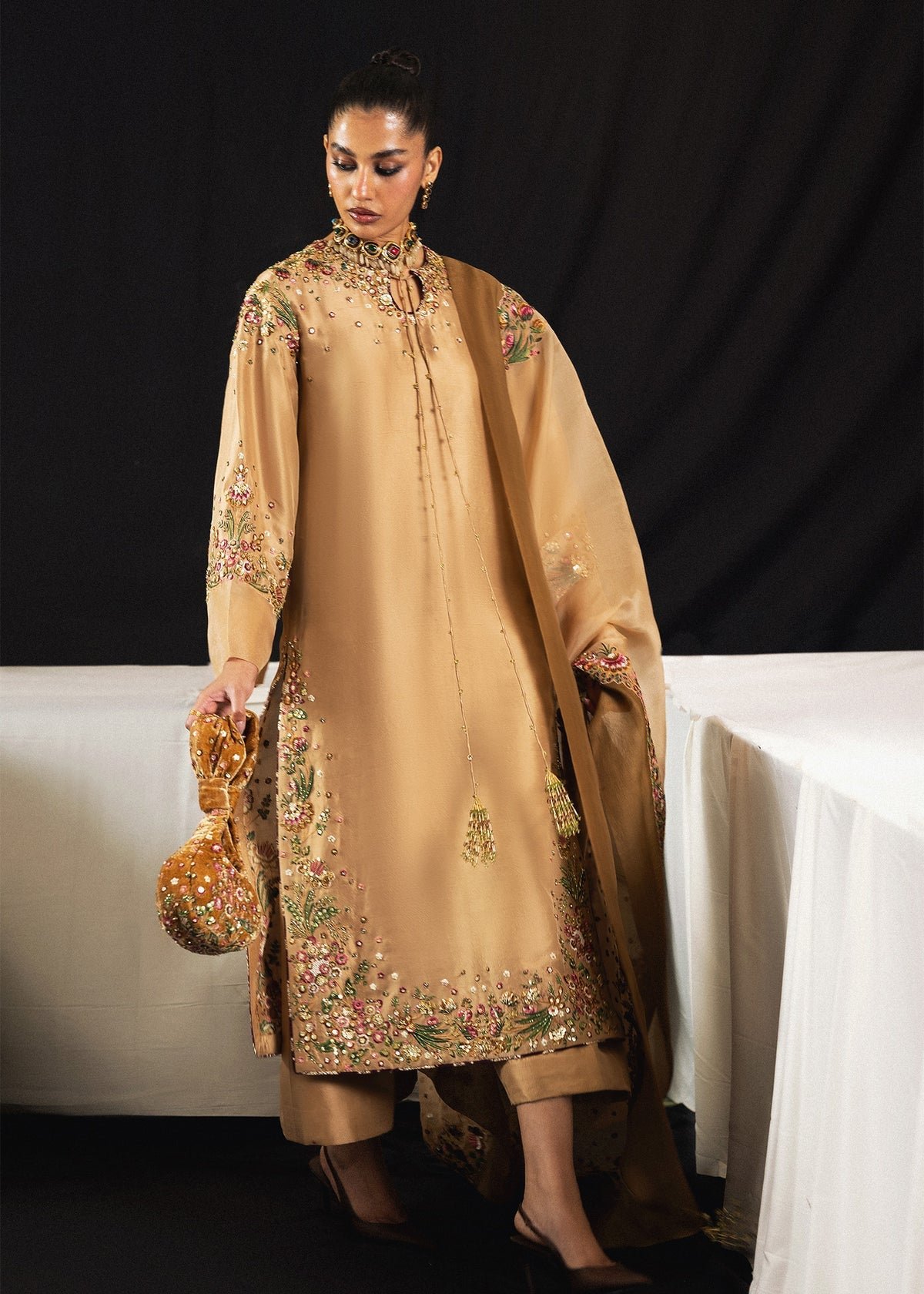 Hussain Rehar Embroidered Organza Party Wear Suit - Embroidered Back & Daman Silhouette Detailing | IQNAZ