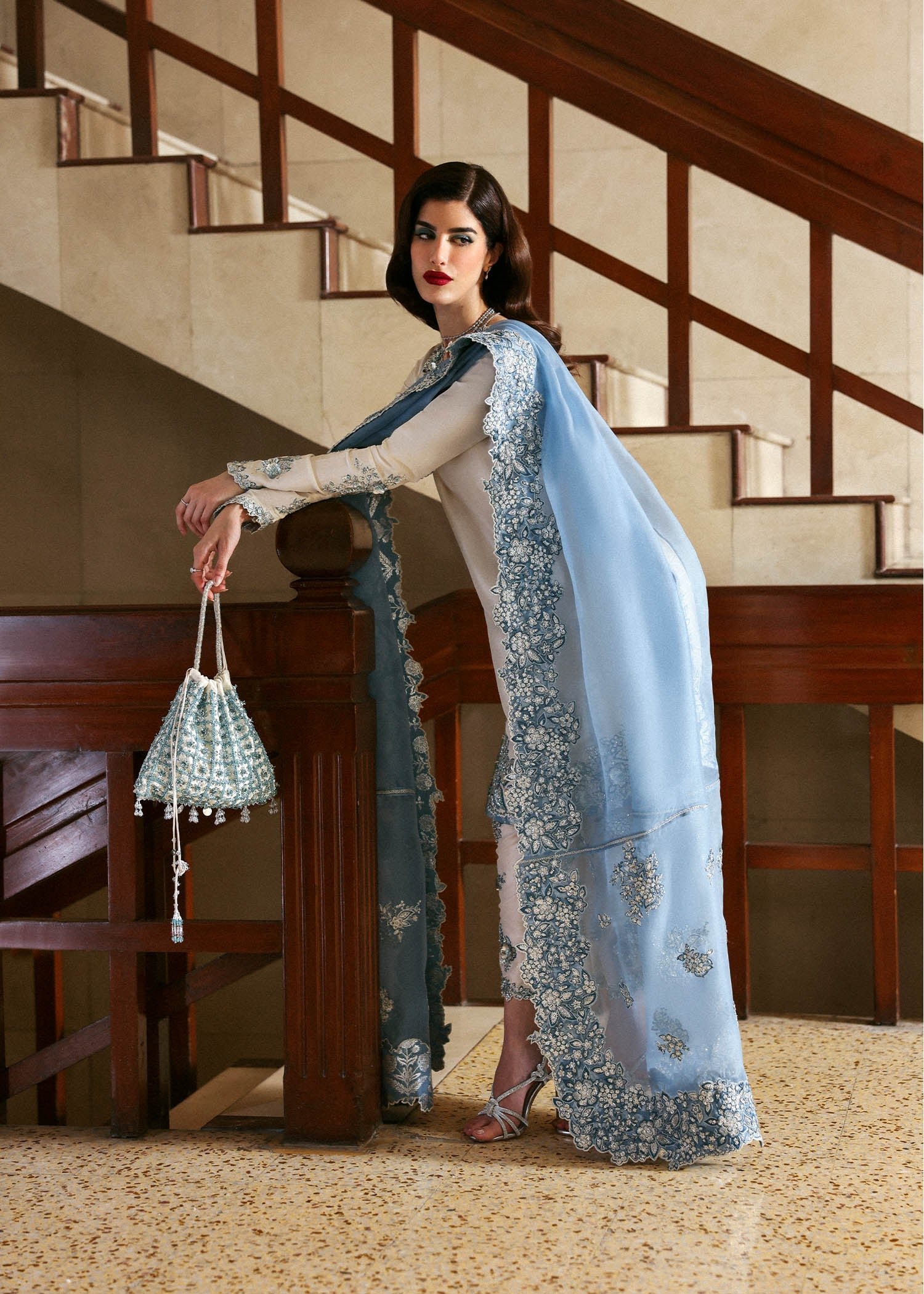 Hussain Rehar Embroidered Organza Party Wear Suit - Designer Photoshoot Gallery Angle 6 | IQNAZ Couture
