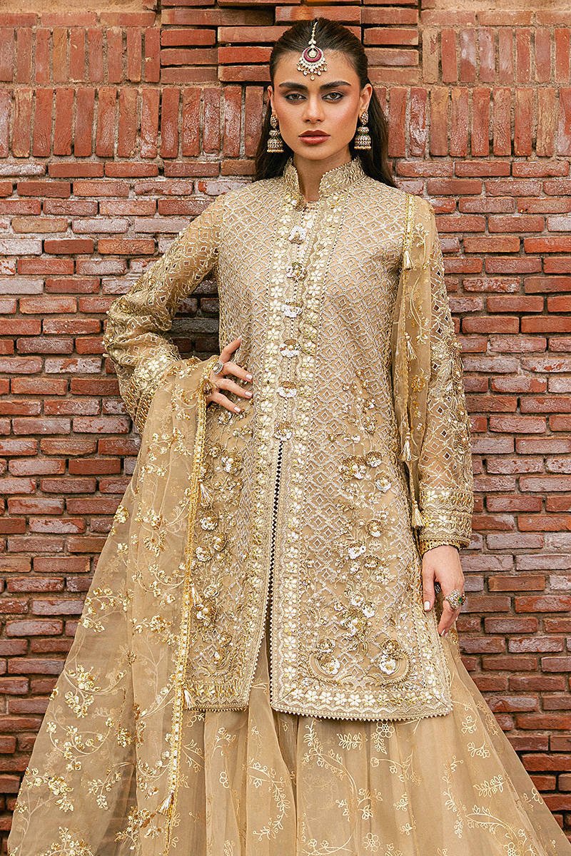 Mohsin Naveed Ranjha Roshni Embroidered Organza Party Wear Suit – Embroidery & Handwork Detail Mohsin Naveed Ranjha Roshni Embroidered Organza Party Wear Suit - Close-Up Hand Embellishment Tilla & Pearl Work | IQNAZ