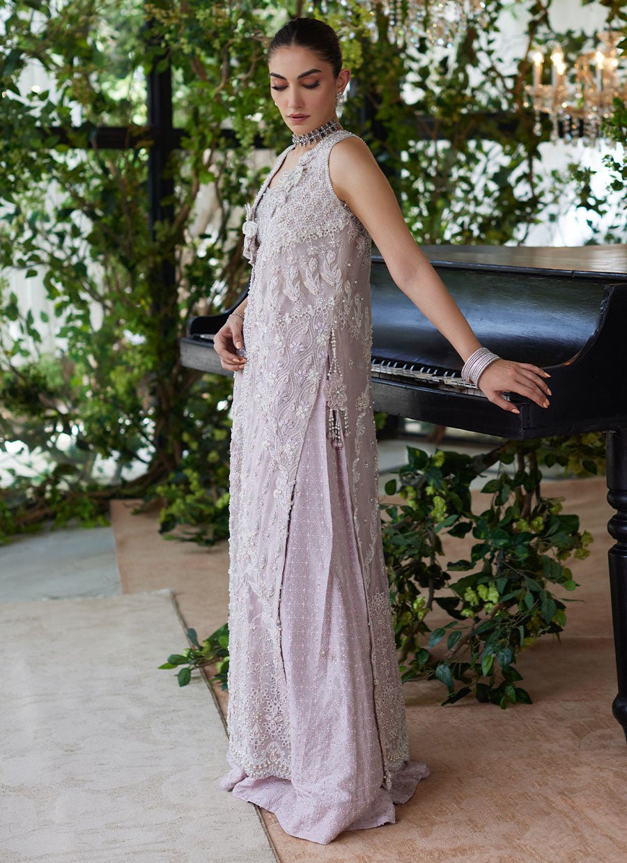 Farah Talib Aziz Hand Embellished Silk Party Wear Suit – Back View & Silhouette Farah Talib Aziz Hand Embellished Silk Party Wear Suit - Embroidered Back & Daman Silhouette Detailing | IQNAZ