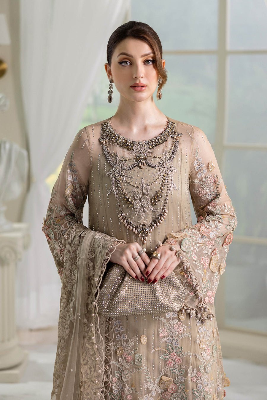 Maria B Embroidered Chiffon Party Wear Suit - Embroidered Back & Daman Silhouette Detailing | IQNAZ