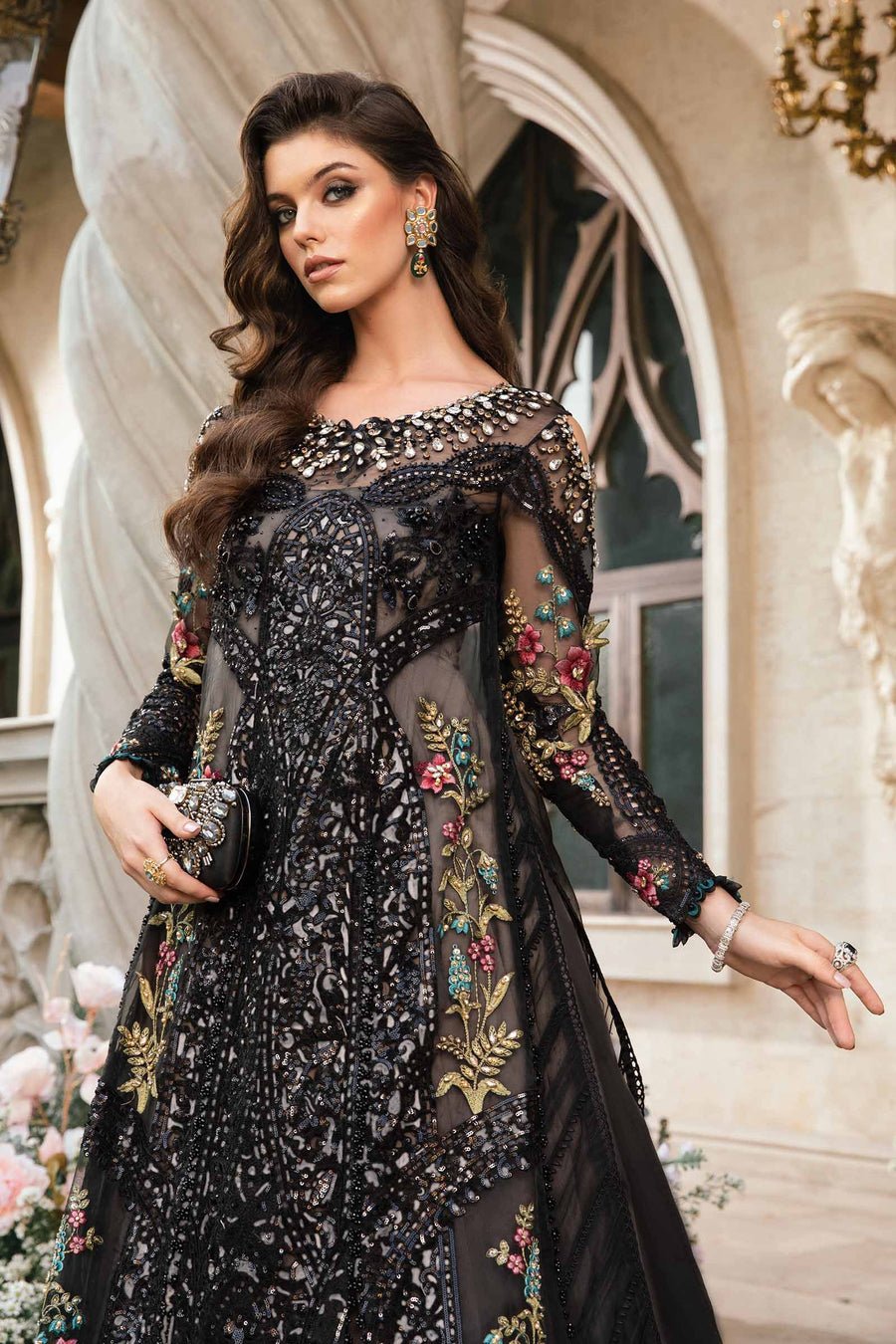 Maria B BD-2802 Hand Embellished Organza Flared Suit – Embroidery & Handwork Detail Maria B BD-2802 Hand Embellished Organza Flared Suit - Close-Up Hand Embellishment Tilla & Pearl Work | IQNAZ