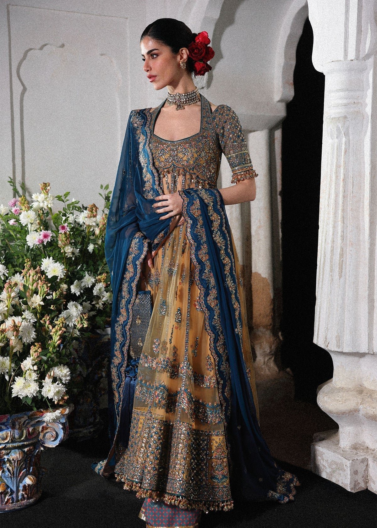 Hussain Rehar Hand Embellished Chiffon Party Wear Suit - Matching Bottom & Trouser Fabric Details | IQNAZ
