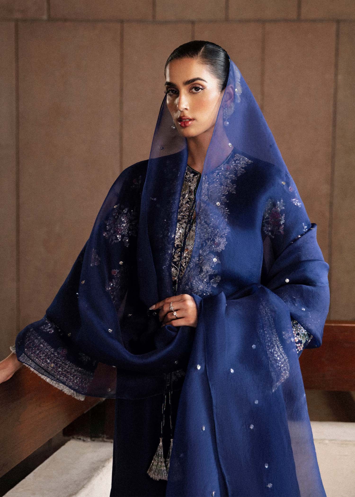 Hussain Rehar Saxe Embroidered Organza Party Wear Suit - Designer Photoshoot Gallery Angle 6 | IQNAZ Couture