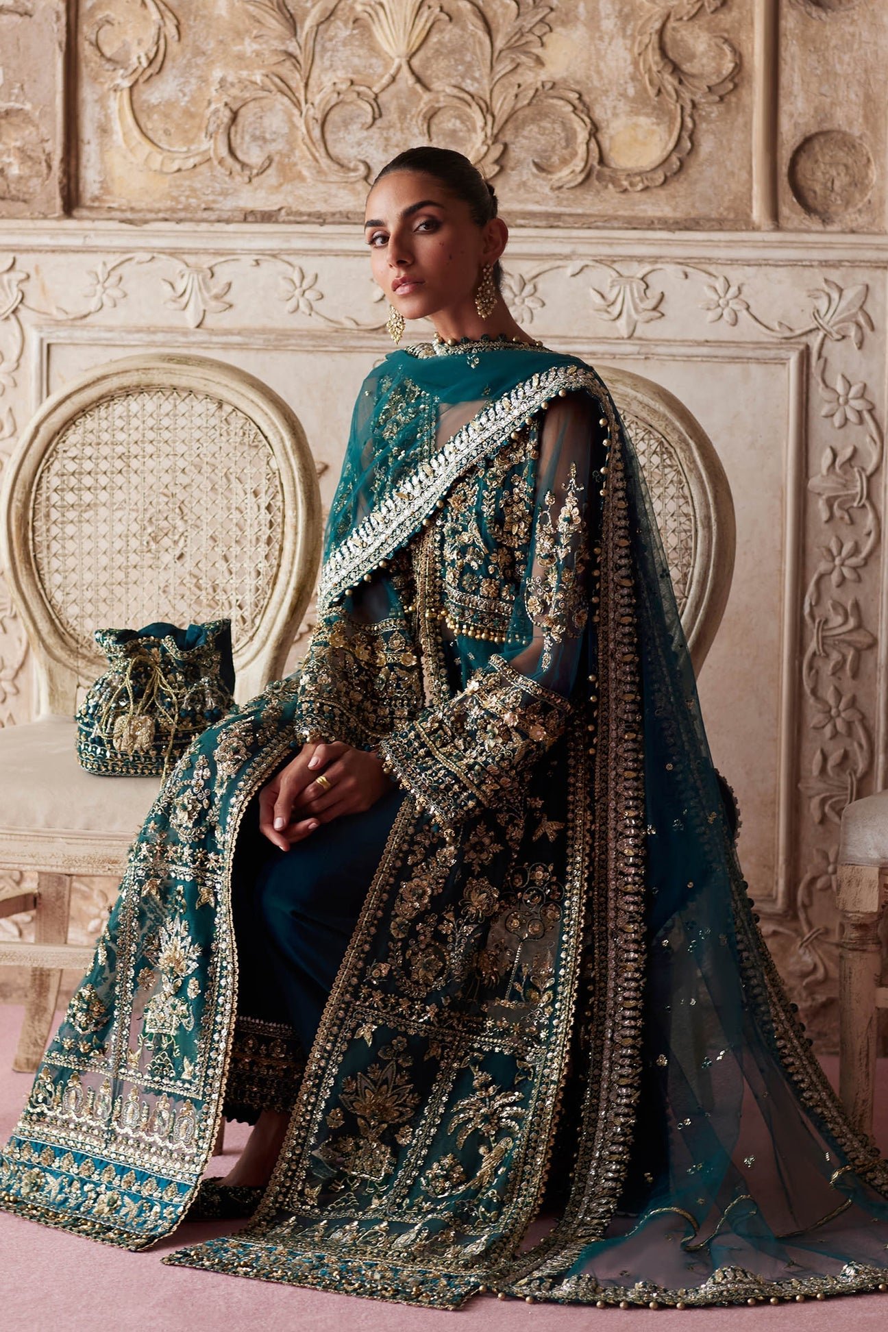 Zaha Aylin Hand Embellished Net Formal Frock - Close-Up Hand Embellishment Tilla & Pearl Work | IQNAZ