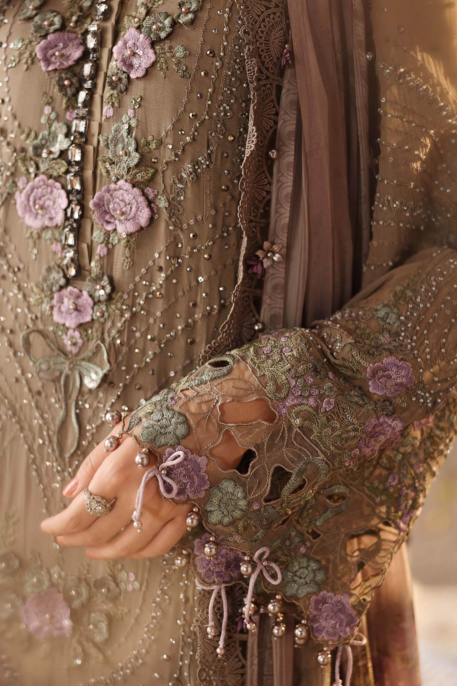 Maria B Embroidered Chiffon Party Wear Suit - Matching Bottom & Trouser Fabric Details | IQNAZ