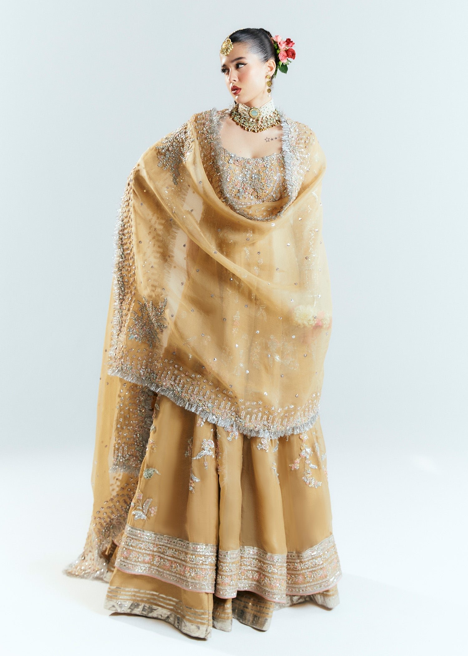 Hussain Rehar Aether Hand Embellished Organza Party Wear Suit - Close-Up Hand Embellishment Tilla & Pearl Work | IQNAZ