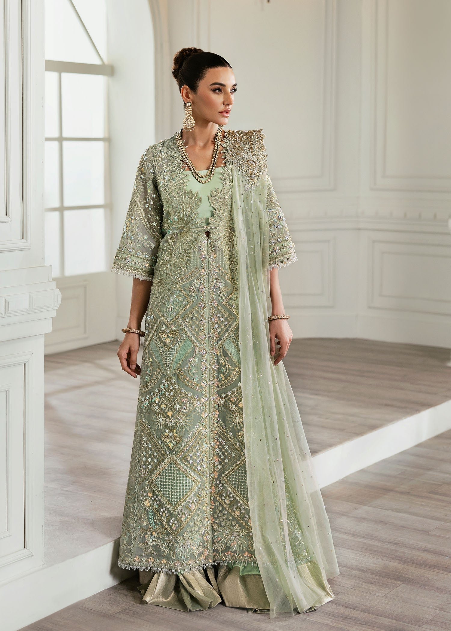 Republic Womens Wear Art Deco Embroidered Organza Party Wear Suit - Model Front Look | Pakistani Designer Replica Wholesale | IQNAZ