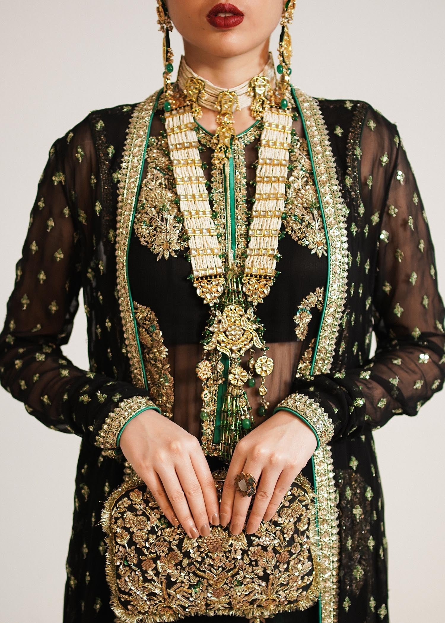 Hussain Rehar Hand Embellished Silk Party Wear Suit - Embroidered Back & Daman Silhouette Detailing | IQNAZ