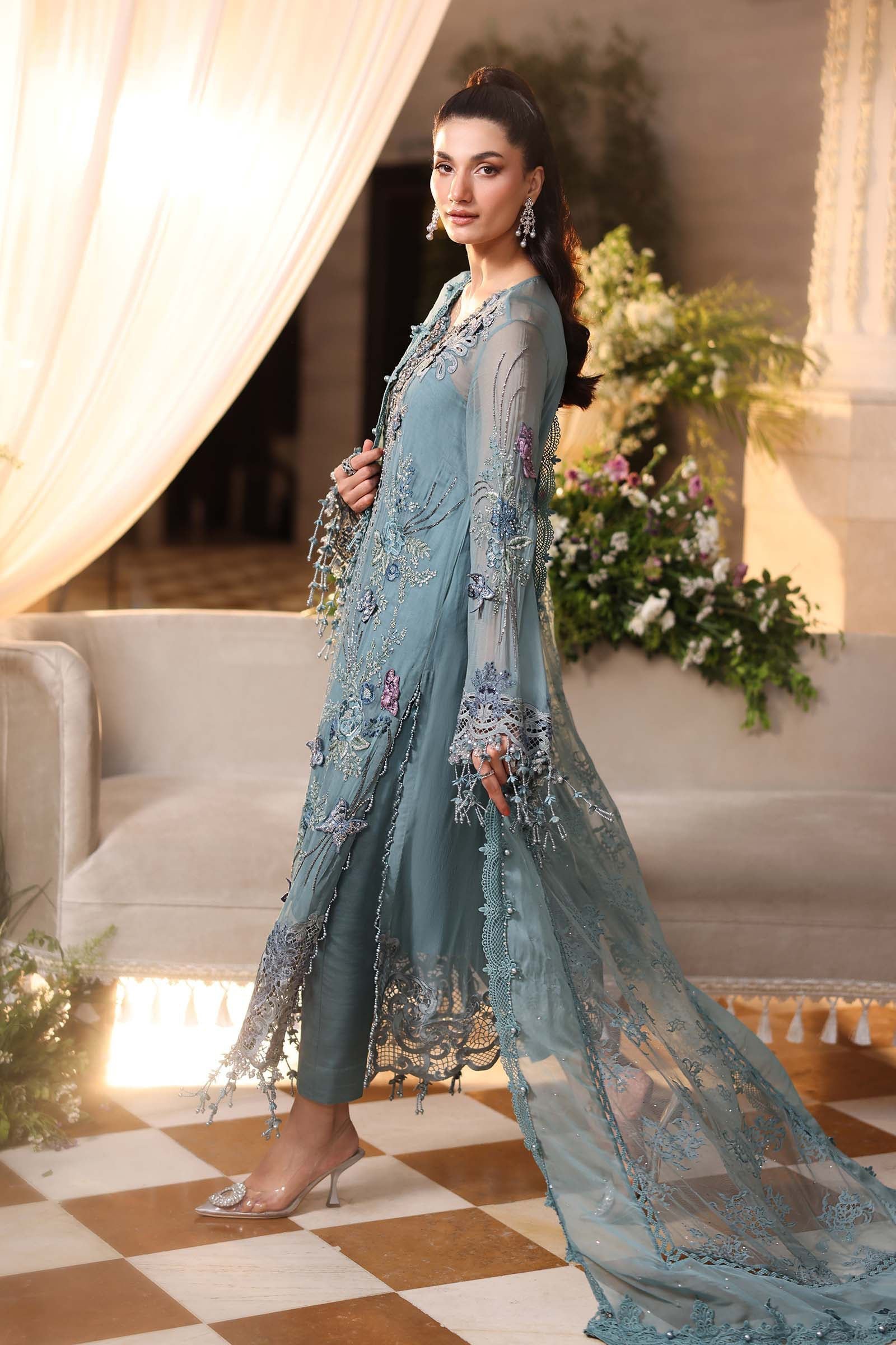 Maria B Embroidered Chiffon Party Wear Suit – Photoshoot Angle 10 Maria B Embroidered Chiffon Party Wear Suit - Designer Photoshoot Gallery Angle 10 | IQNAZ Couture