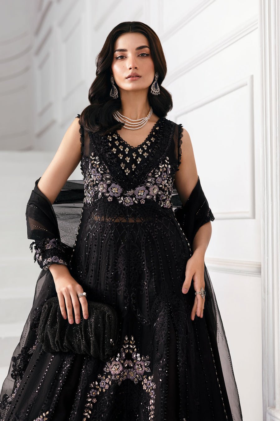 Maria B BD-3004 Hand Embellished Organza Party Wear Suit - Matching Bottom & Trouser Fabric Details | IQNAZ