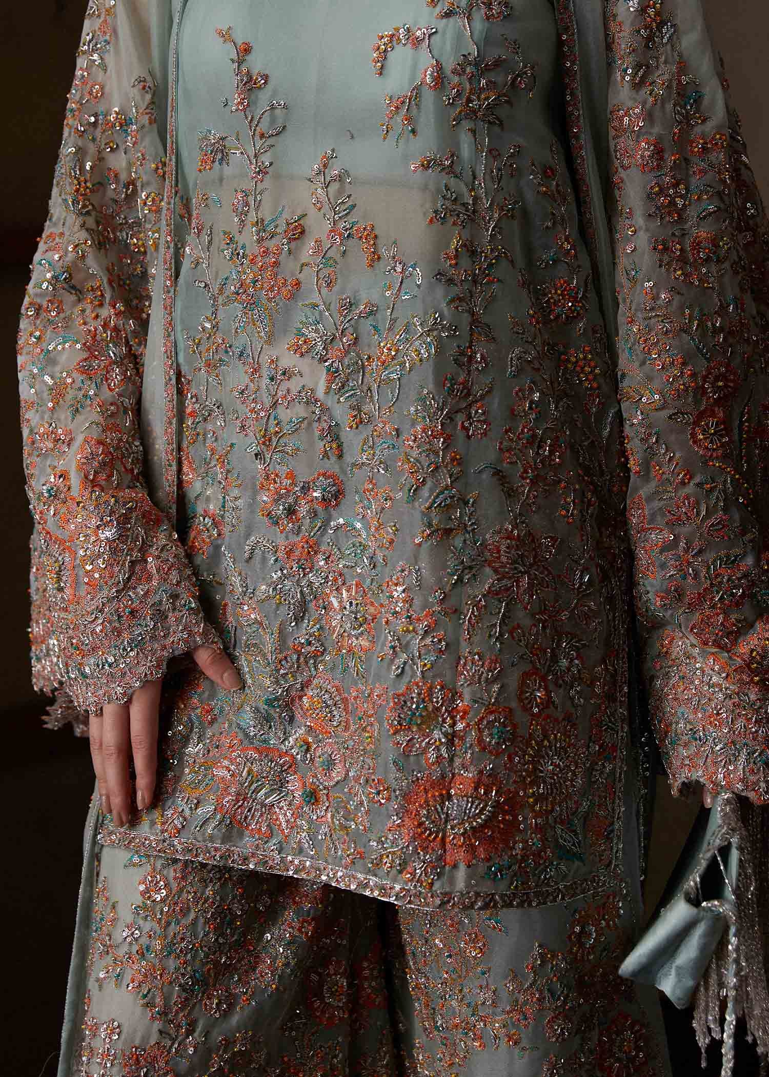 Hussain Rehar Hand Embellished Organza Party Wear Suit - Embroidered Back & Daman Silhouette Detailing | IQNAZ