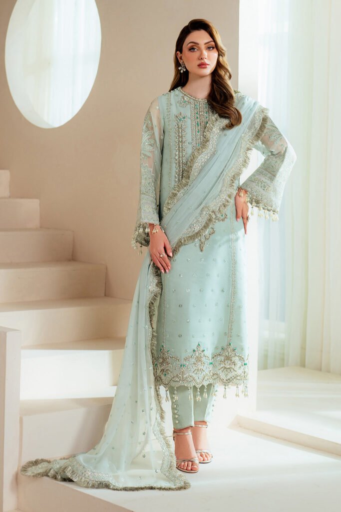 Alizeh Orla Embroidered Chiffon Party Wear Suit - Model Front Look | Pakistani Designer Replica Wholesale | IQNAZ
