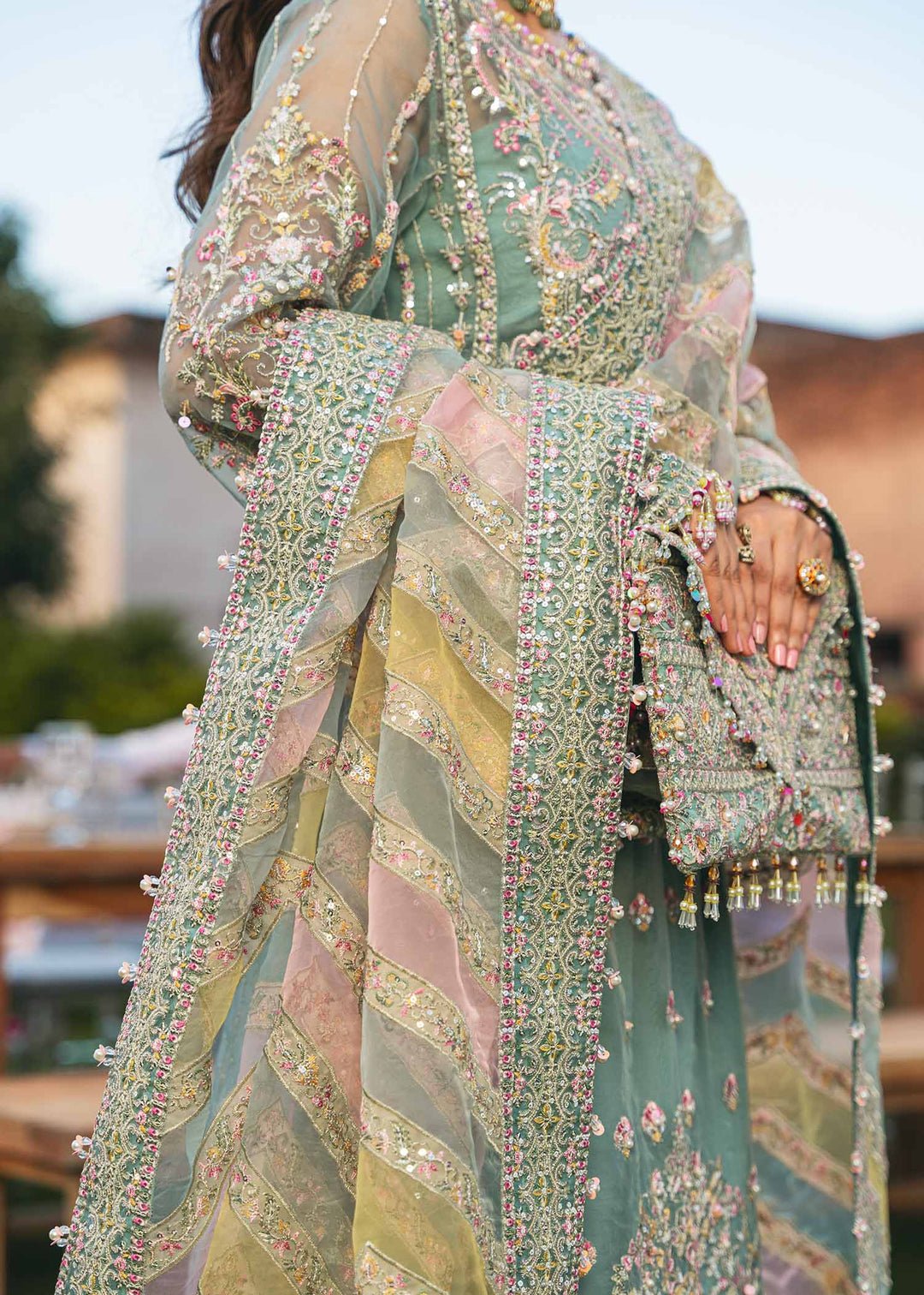 Haris Shakeel Noor Embroidered Organza Party Wear Suit - Designer Photoshoot Gallery Angle 7 | IQNAZ Couture