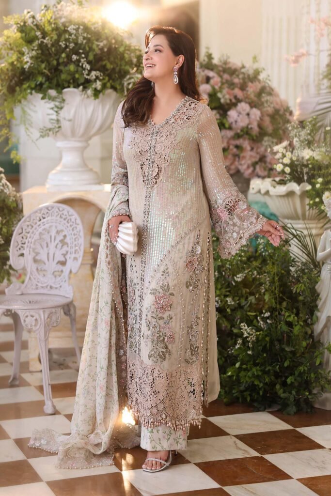 Maria B Luxury Embroidered Chiffon Party Wear Suit - Model Front Look | Pakistani Designer Replica Wholesale | IQNAZ