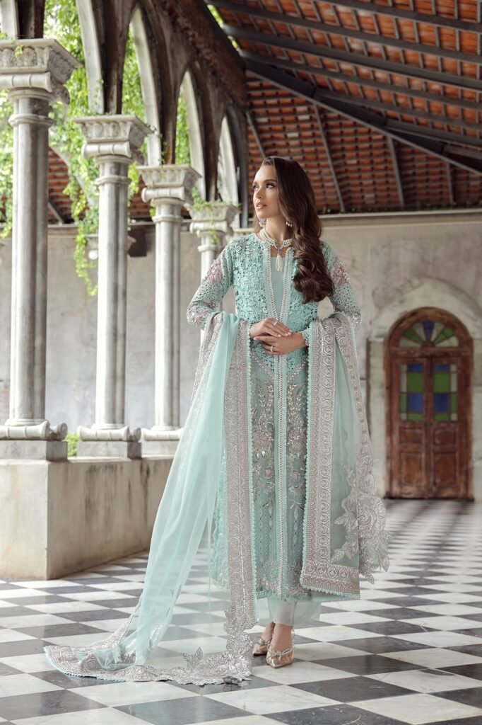 Maryum Hussain Alara Embroidered Organza Party Wear Suit - Model Front Look | Pakistani Designer Replica Wholesale | IQNAZ
