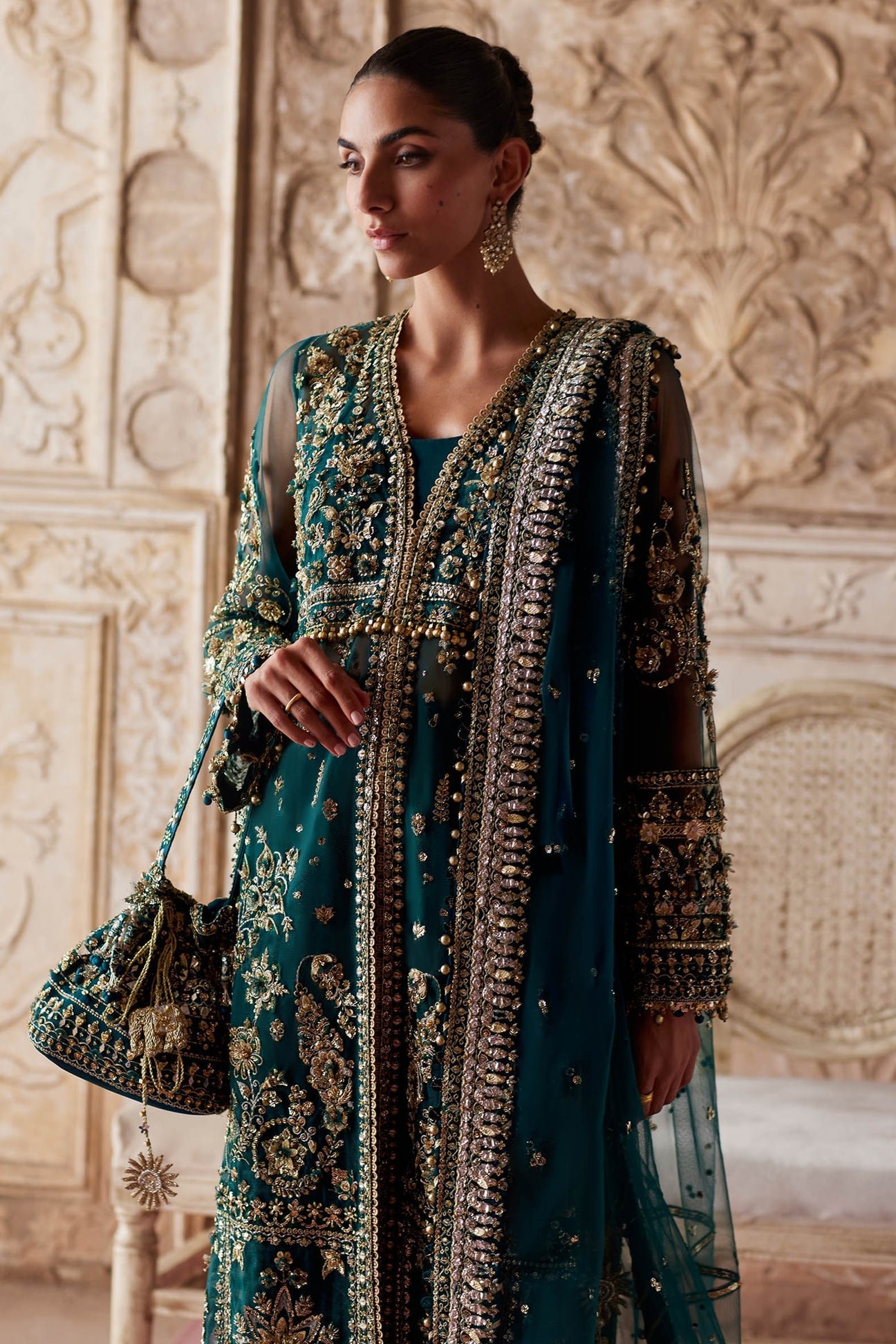 Zaha Aylin Hand Embellished Net Formal Frock - Embroidered Back & Daman Silhouette Detailing | IQNAZ