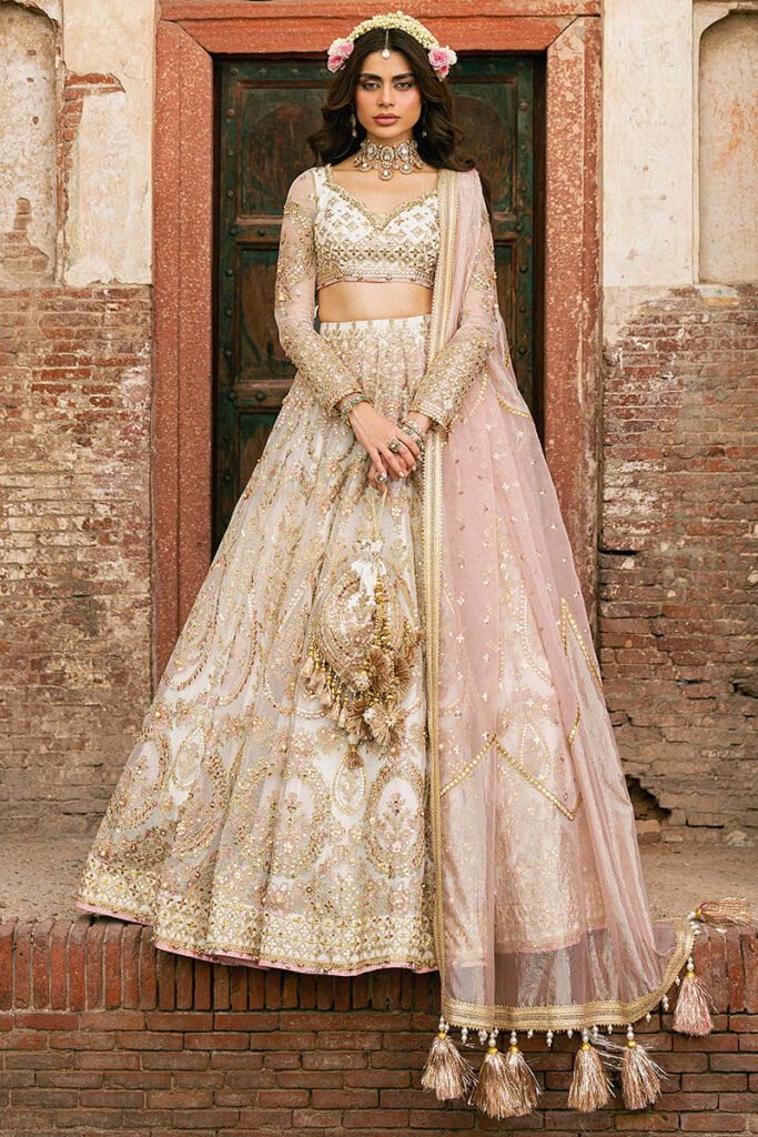 Mohsin Naveed Ranjha Kohinoor Hand Embellished Organza Party Wear Suit - Model Front Look | Pakistani Designer Replica Wholesale | IQNAZ
